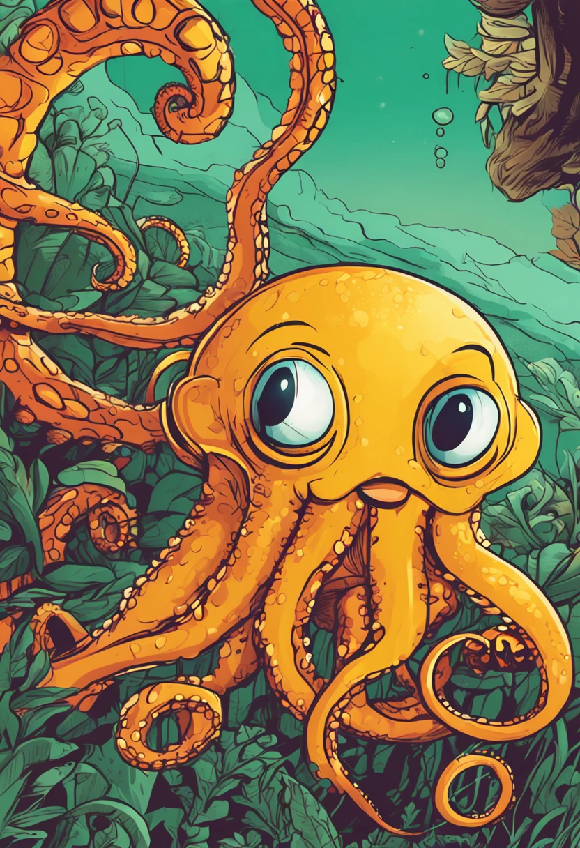 Create an image of a yellow octopus like Garfield on a green background