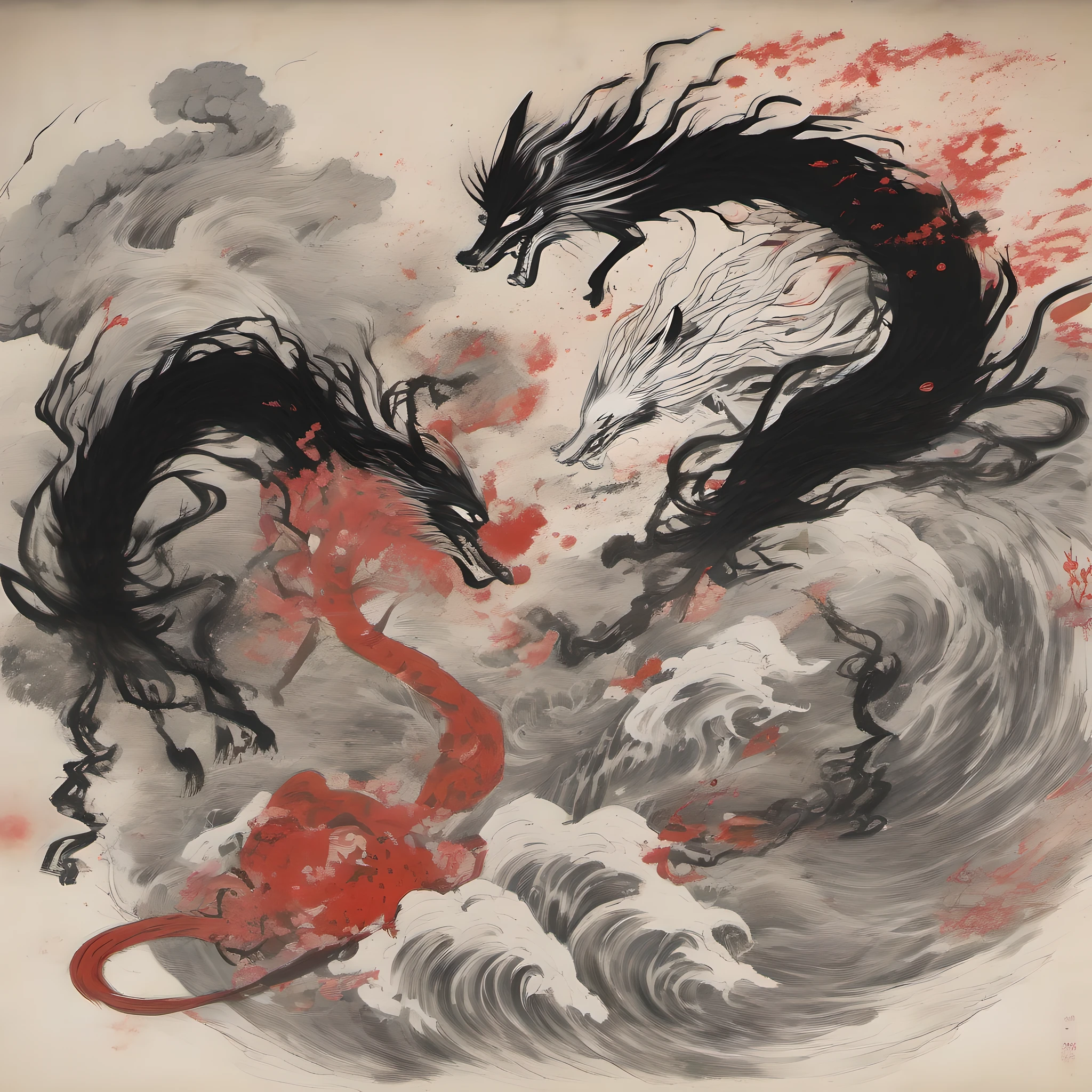 The picture depicts a territorial dispute between Japanese and Chinese yōkai, with a nine-tailed fox measuring the invasion. In the battle, there are no humans present, only yōkai from both sides fighting. The picture is painted in the style of a Japanese ink painting, using ink splatters to create a mystical yet powerful image with splashes of ink.