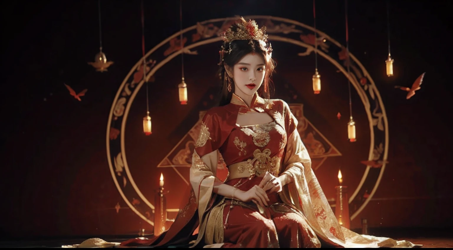（abstract artistic：1.4）， tmasterpiece， best qualtiy， 超高分辨率， big breasts beautiful， Visually stunning， （1girll：1.2）， crimson themed， dark red color， Bleeding red， Halo， looking at viewert
，full bodyesbian，high-heels，The young Queen Mother，NVSHEN，dunhuang，red and gold dress，Beautiful men as companions