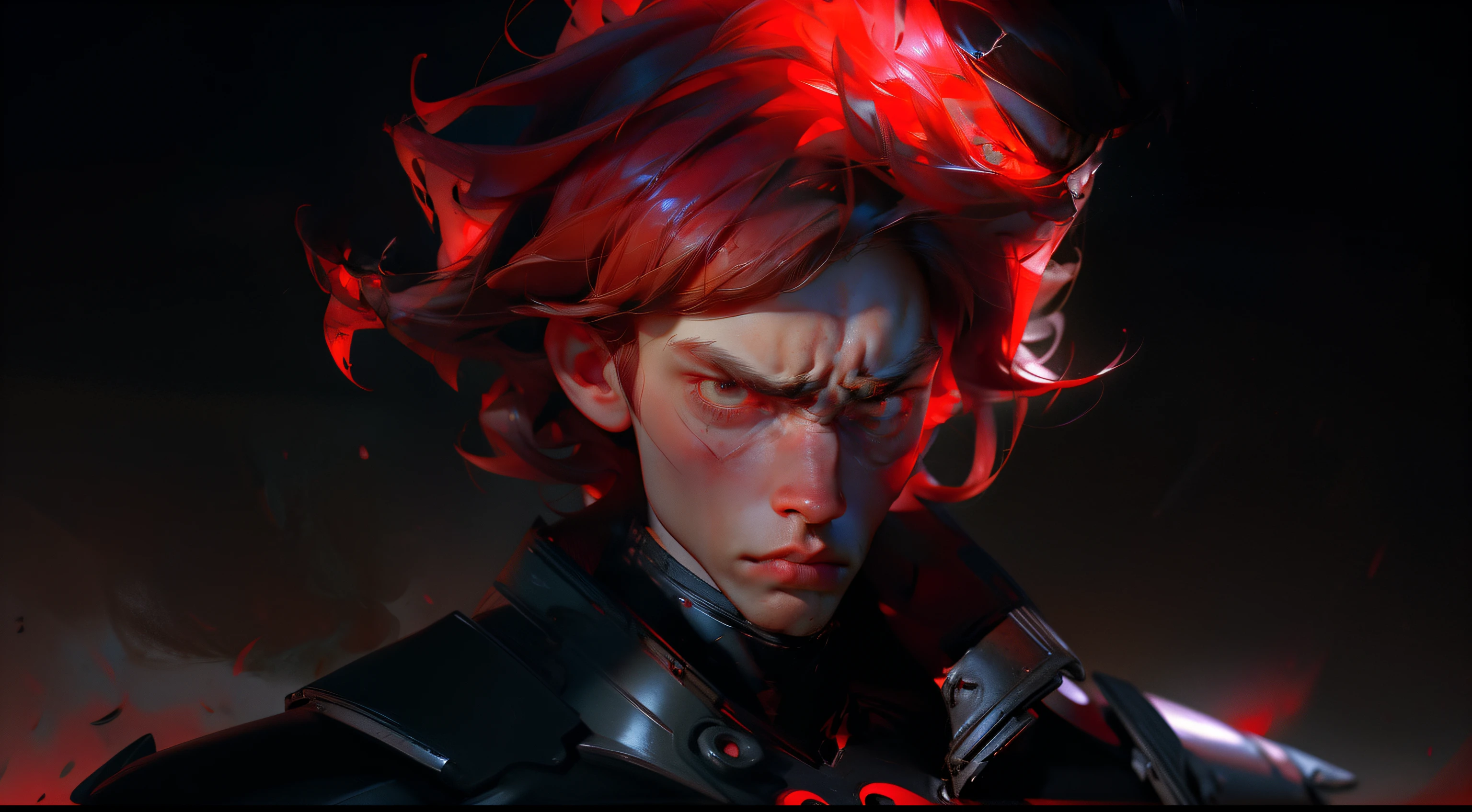 (extremely detailed 8k wallpaper) masculine man, handsome face, red eyes, deadly stare, black gold armor, full of rage, chaos, red hair, muscular, has a gloomy aura, his figure transmits rage and revenge, dramatic, flat background color, illustration, high detail, sharp focus
