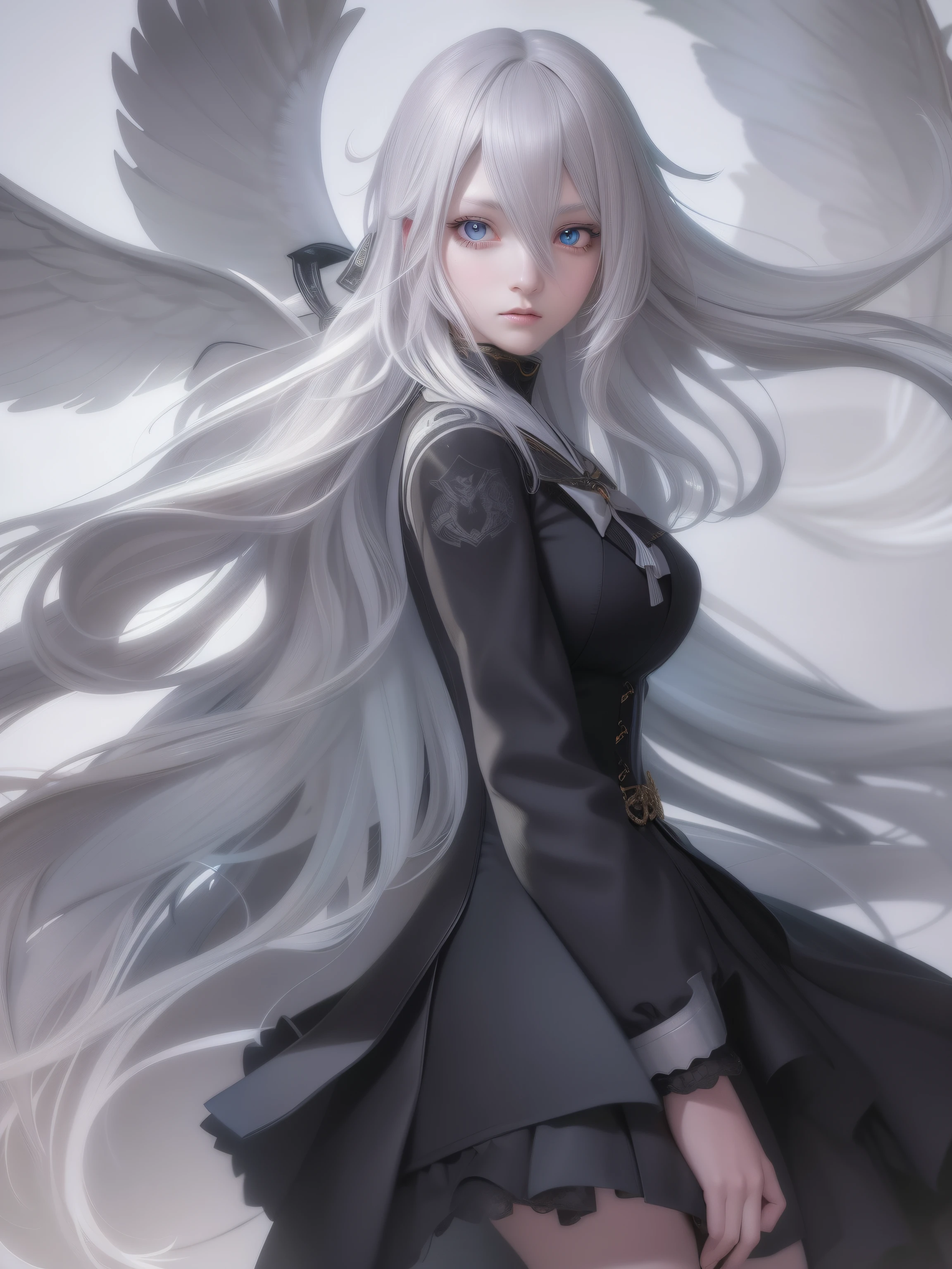 In anime girl with blue eyes and long hair、Feathers are flying around, Stunning anime face portrait, detailed portrait of an anime girl, Beautiful Anime Portrait, girl with white eyes, Detailed Digital Anime Art, Girl with white hair, digital anime art, Beautiful Anime Face, Portrait Anime Girl, Beautiful anime girl, Eyes that glow white, perfect gray hair girl, Full body drawing of an anime girl