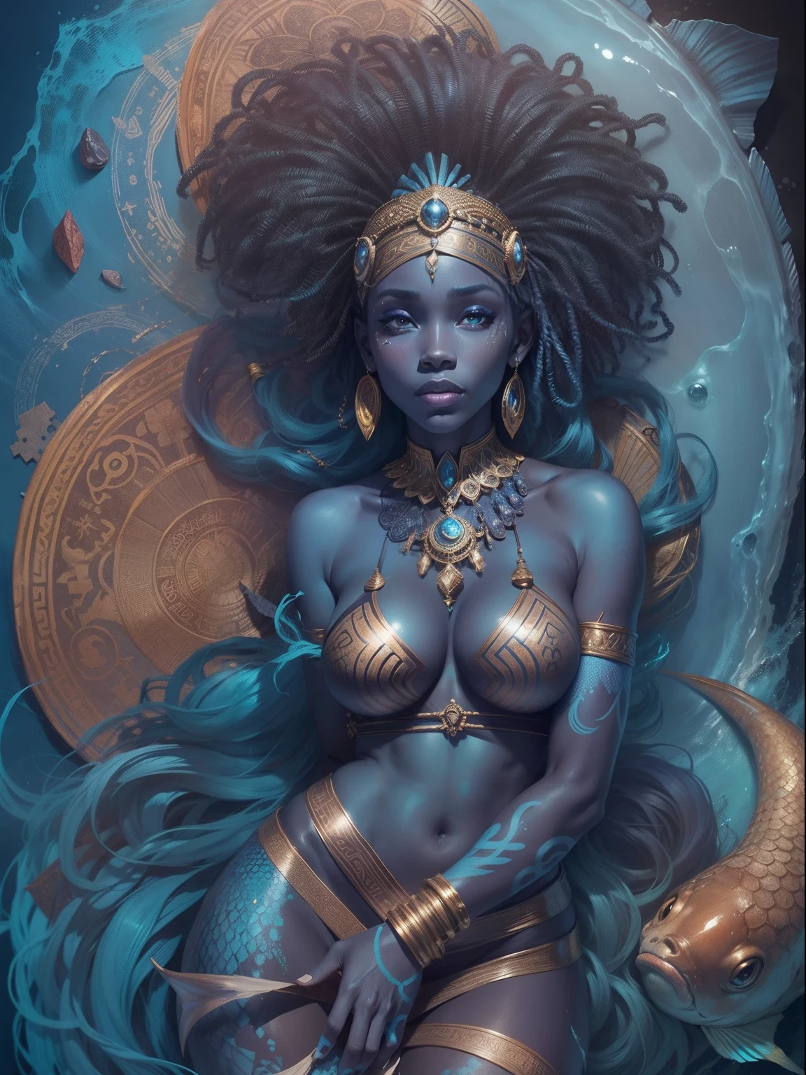 African goddess Yemanja, Coloring, The dominance of blue, Large of breast, perfect bodies, sketchbook, handpainted, darkly, bravery, realistic sketch, Rough sketch, A strong blend of dark colors and loose lines, Bold lines, Not paper, Turnover role table, half woman, Half-mermaid, full bodyesbian, African symbol, A symbol of water, Trash fish, dark themes, Beautiful, big breasts enchanting