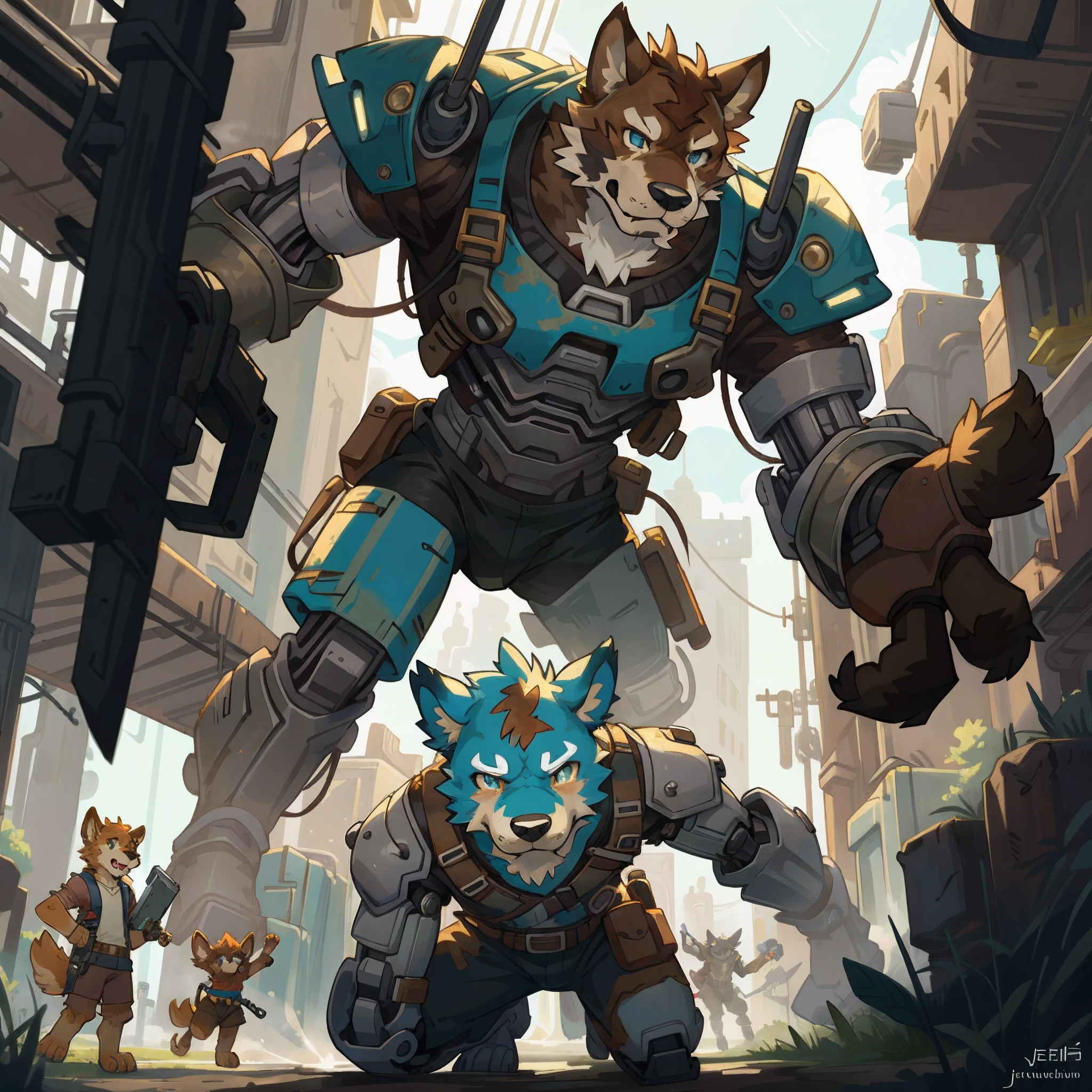 top quality, High-quality illustrations by Johannes Vermeer, masterpiece, Dark_Fantasy, Cyberpunk, steam punk(super handsome boy, single, kemono)Mechanical marvel, Robotic presence, Cybernetic guardian, wearing a worn-out mech suit, intricate(steel metal, rusty)(furry anthro:1.7)(Furry body, dog facial features, dog body features)elegant, clear focus, shot by greg rutkowski, 6+boys, 6+girls, absurdres(highly detailed beautiful face and eyes)perfect anatomy, expression, caustics, dynamic lighting, cinematic shadow(kemono, furry anthro)assorted poses, dynamic angle,