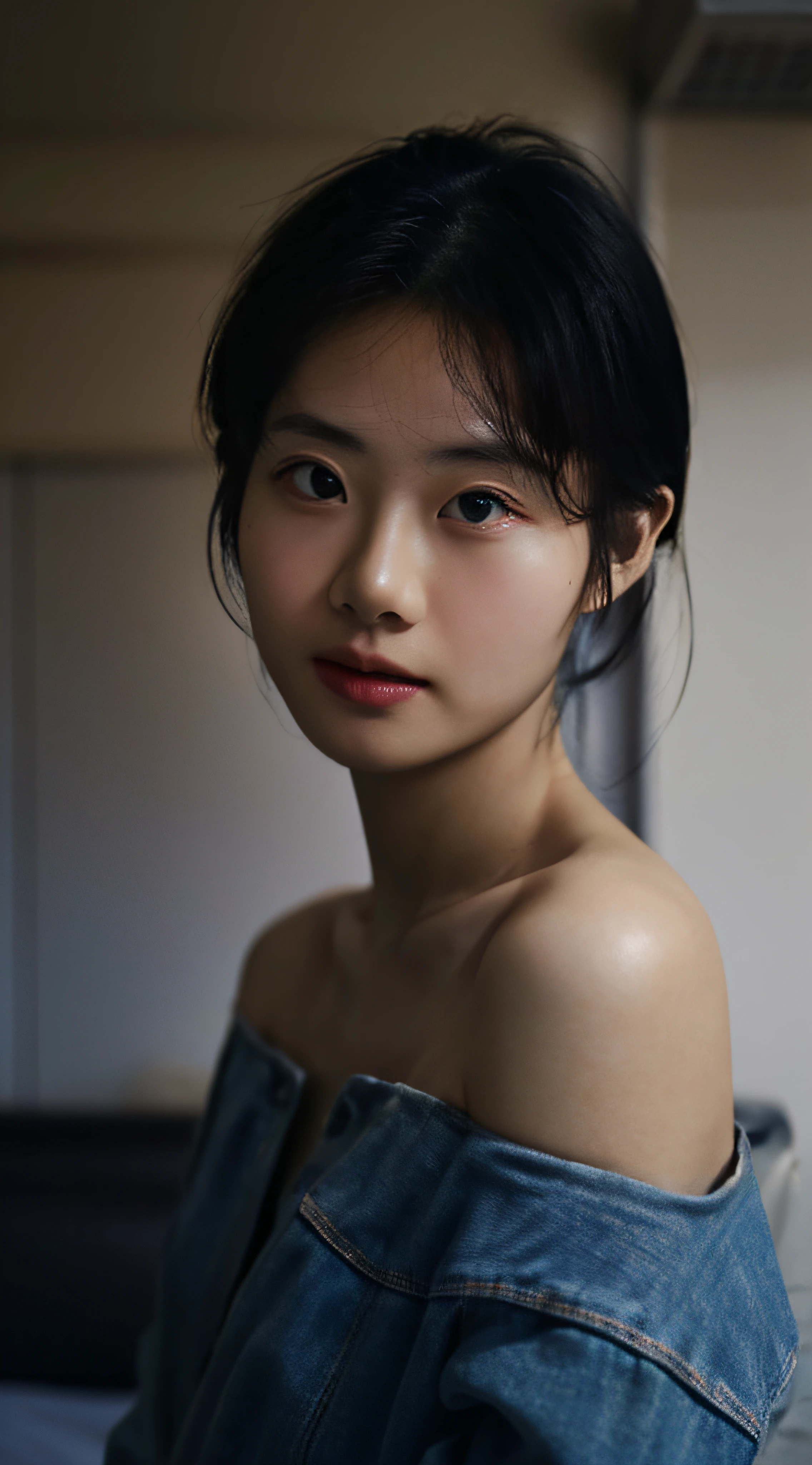 Best quality, masterpiece, ultra high res, (photorealistic:1.5), raw photo, 1girl, offshoulder, in the dark, deep shadow, low key, cold light, sexy look, short hair