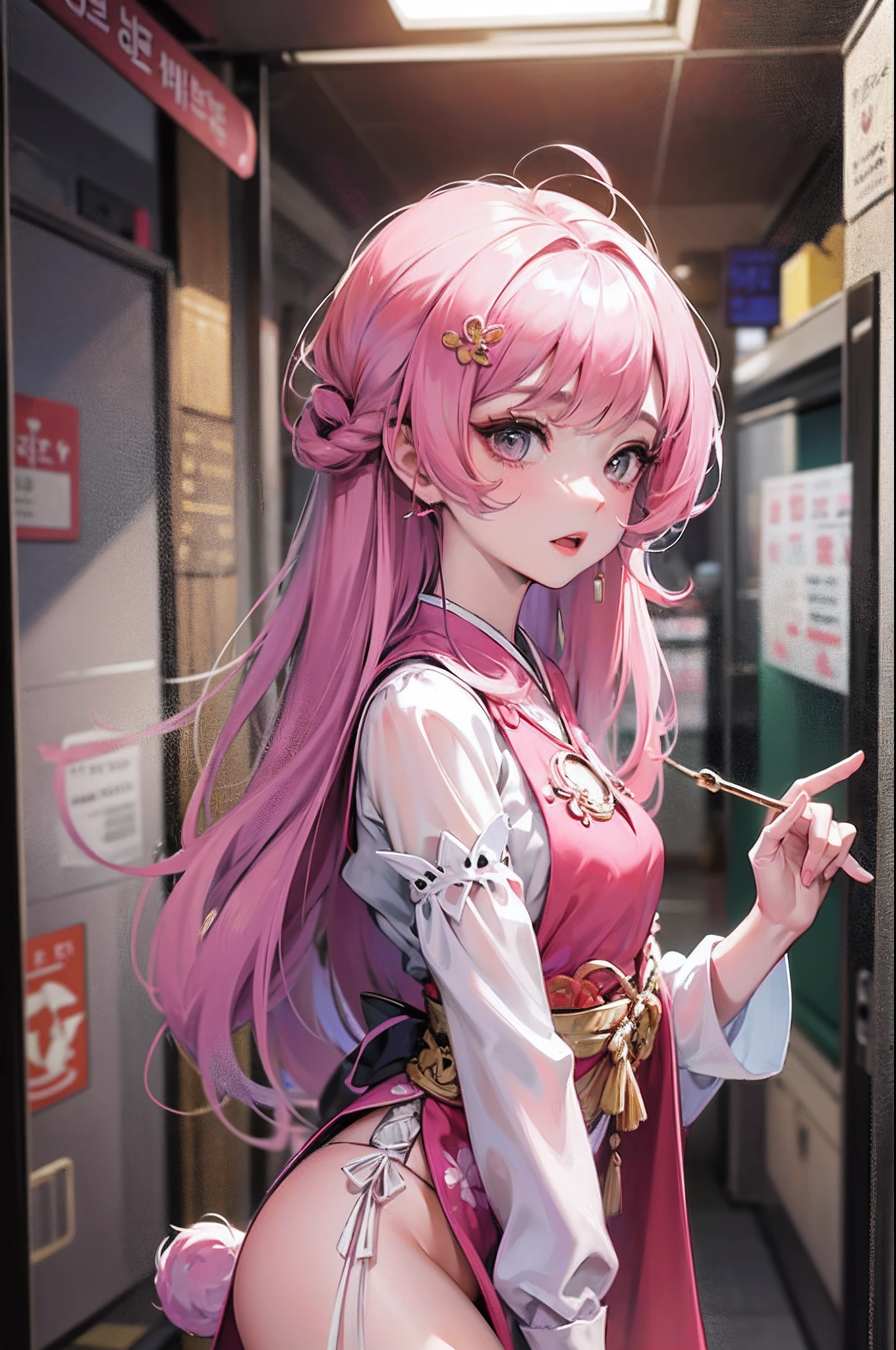 chibbi girl, pink long messy hair, Korean dress, slim body,nsfw --auto --s2