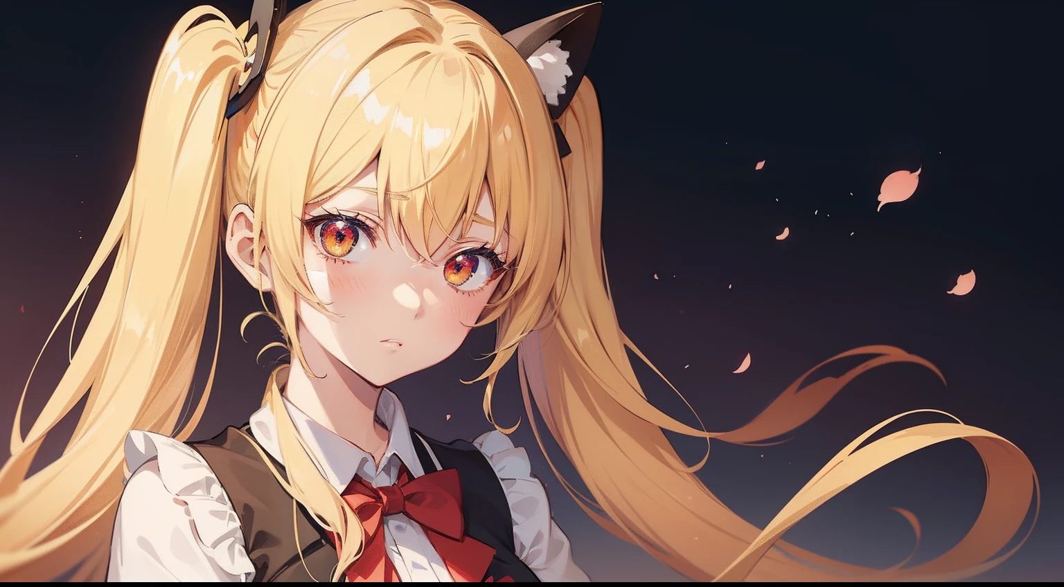 anime girl with blonde hair and red bow tie, an anime drawing by Hiroyuki Tajima, pixiv, shin hanga, anime girl named lucy, rin, anime visual of a cute girl, rei hiroe, kinmoza!, loli, ( ( misa amane # ) ), twintails, yami kawaii, anime moe artstyle