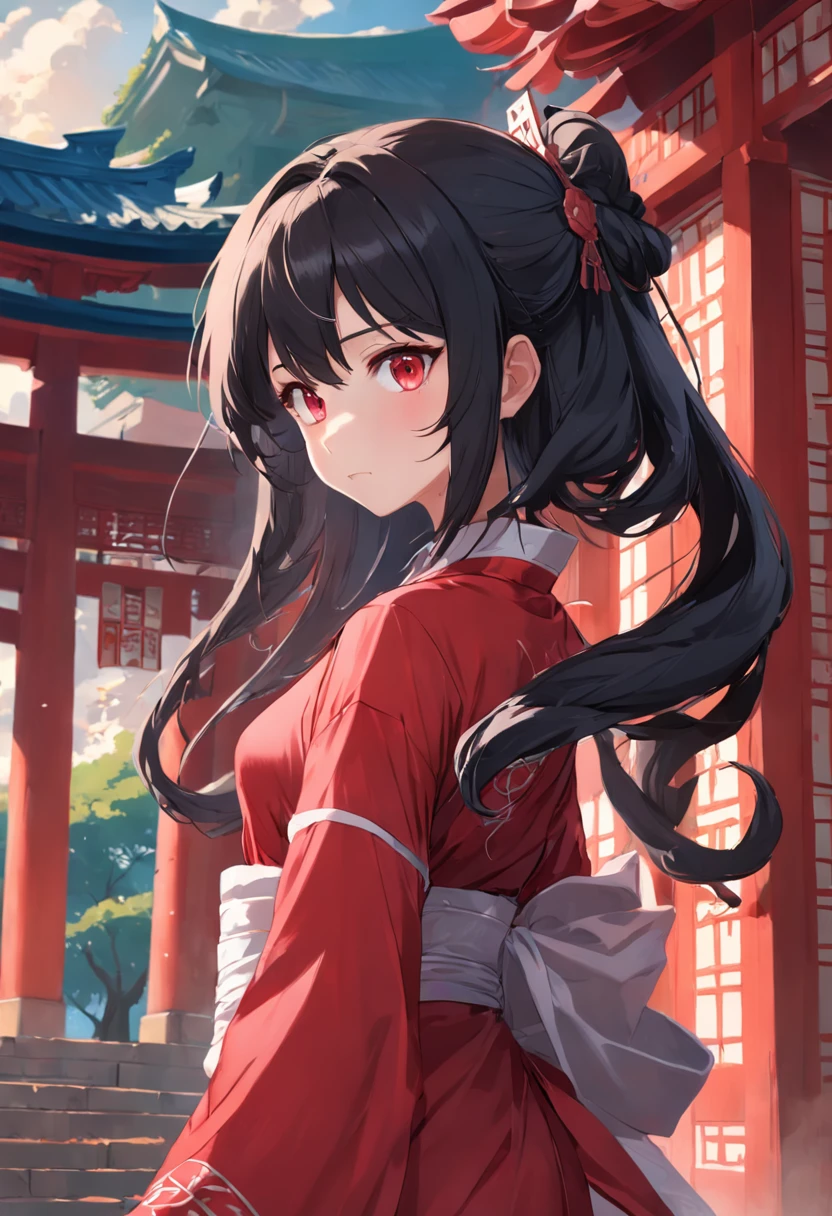 Create an anime style illustration of a black long-haired girl, Costume in red period costume，accentuating her curves. Emphasize a body with gentleness, Curvy figure. shyexpression, The background is an ancient pavilion，Show a character who embraces her form with elegance and style
