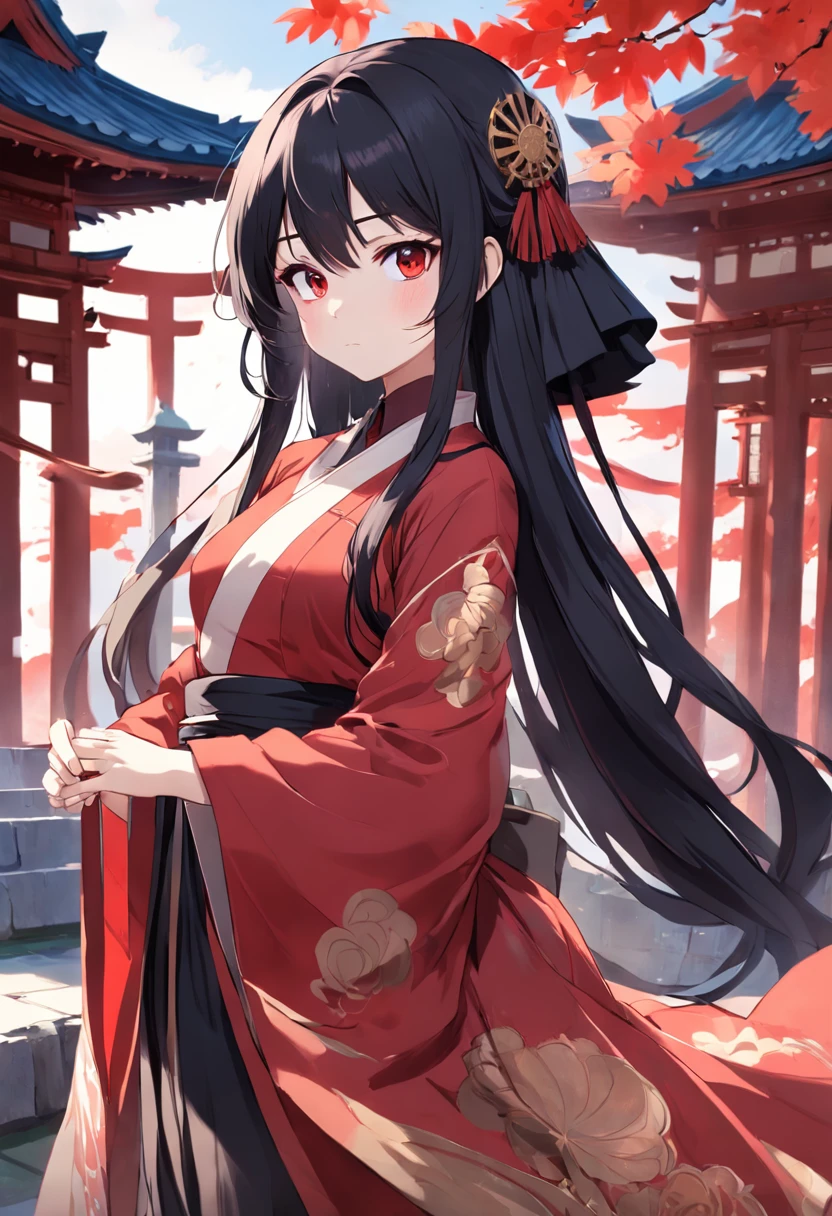 Create an anime style illustration of a black long-haired girl, Costume in red period costume,accentuating her curves. Emphasize a body with gentleness, Curvy figure. shyexpression, The background is an ancient pavilion,Show a character who embraces her form with elegance and style