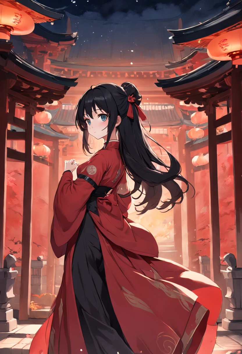 Woman with wooden joints on her right hand and left leg,Long black hair,Upper body red,Black dress below