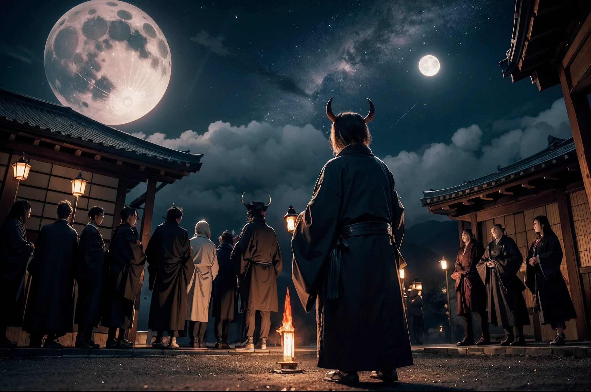 Do not go out at midnight. They appear in a line with torches in the moonlight that peeks through the clouds. Various Japanese sprits, Various Japanese demons, Heian-kyo, Japanese folklore, yokai, processions, Various Japanese monsters