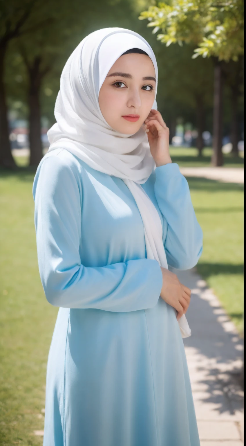 Araffe women,((Best Quality, 8k, Masterpiece:1.3))),1Girl, Solo, selfie:1.3, Beautiful Woman with Perfect Figure, wearing hijab, Blue headscarf, no hair seen, Teens, Detailed Eyes, Long White dress, Double Eyelids, outdoor, walking in the park, wearing a sneakers, right hand on cheek, shy expression,