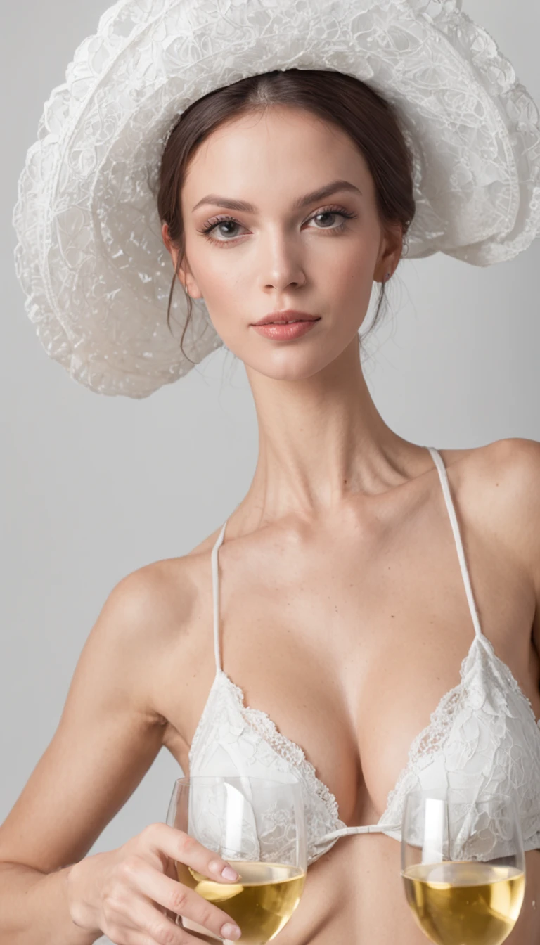 close up of a woman standing behind a high desk, her tits covered by (((white))) wine glasses, wearing a big white hat, no shirt, no bra, (((two ((white)) wine glasses in front of her bare tits))), (((white glasses))), in the background a white wall and a white door, white background, a black and white photo by Jerry Weiss, pinterest, art photography, elegant, black and white, whimsical, black and white photography, b&w