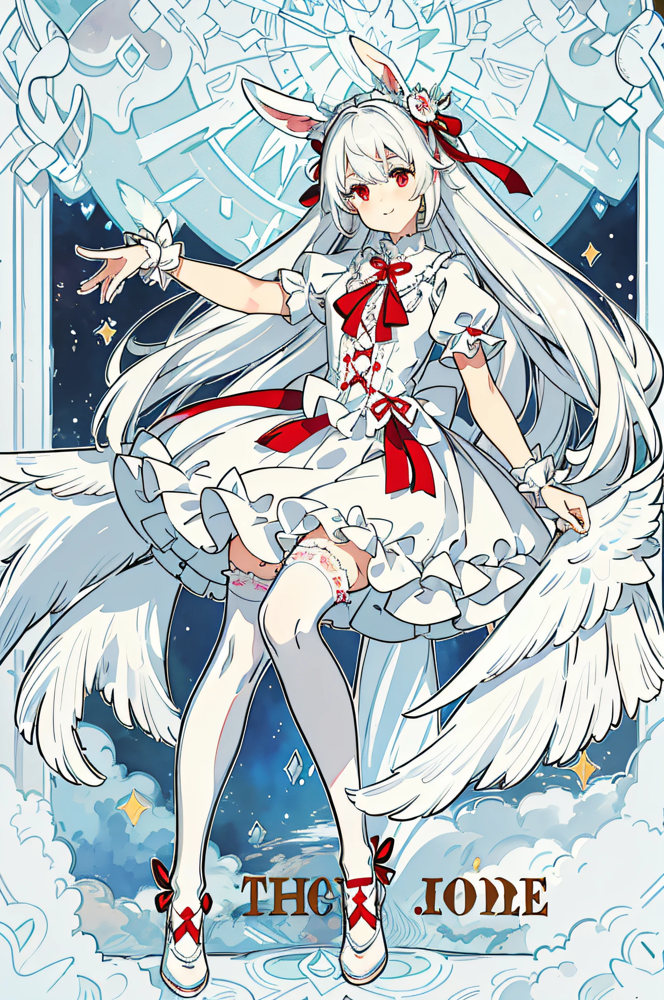 {{Masterpiece}}, (ultra - detailed)Goddess Angel, ((High quality Lolita, ribbon, White stockings)), (long whitr hair, Milky white hair, red eyes, Hanging rabbit ears, adolable, ssmile),(Watercolor texture), (Masterpieces, Fantasy world, Hyper-Resolution), the sky background, Feather foreground