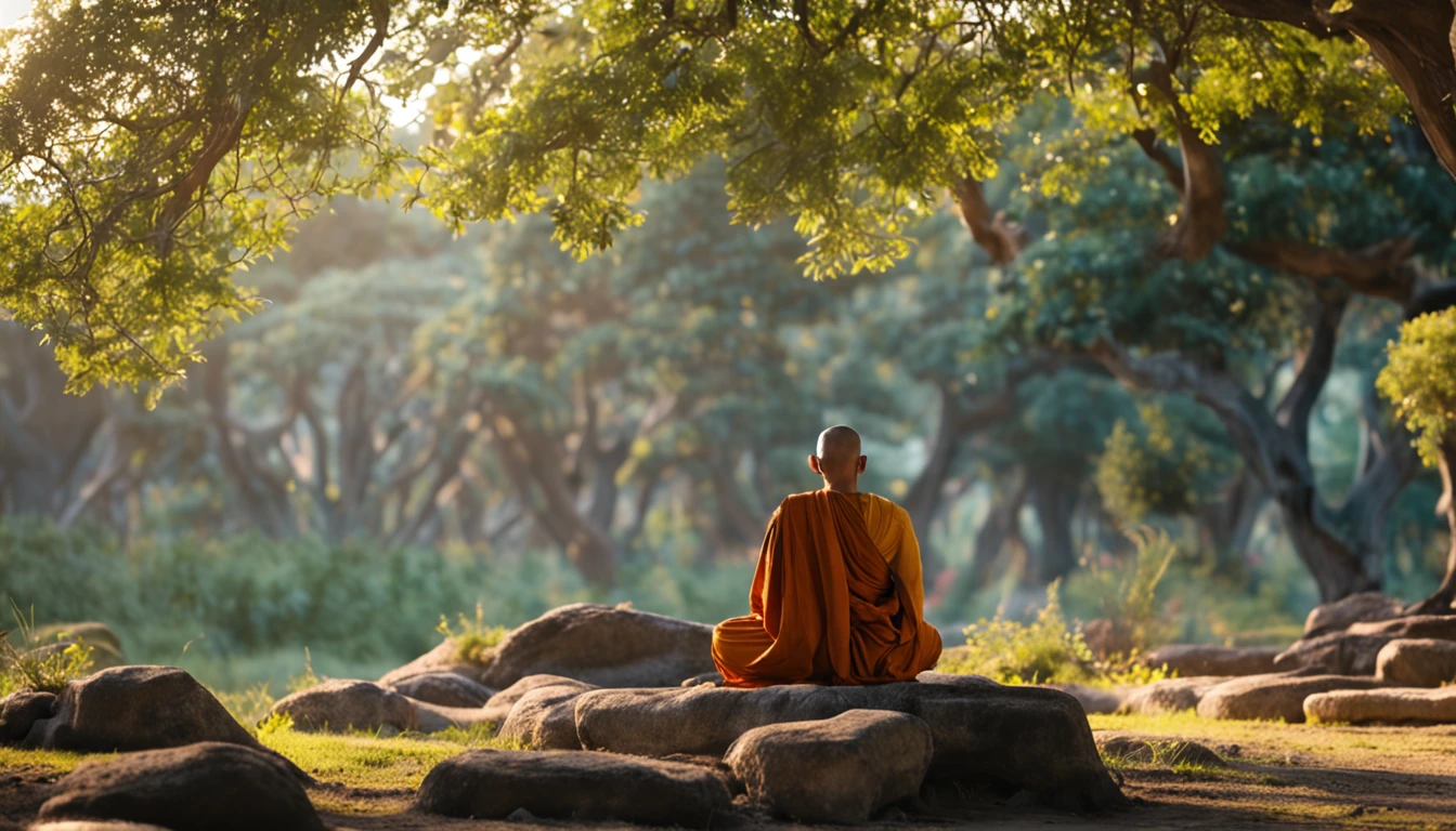 A Buddhist monk in meditation under the shade of an ancient tree in a quiet garden, rosto de perfil, foto mais proxima , foto maior do monge, roupa azul acinzentado