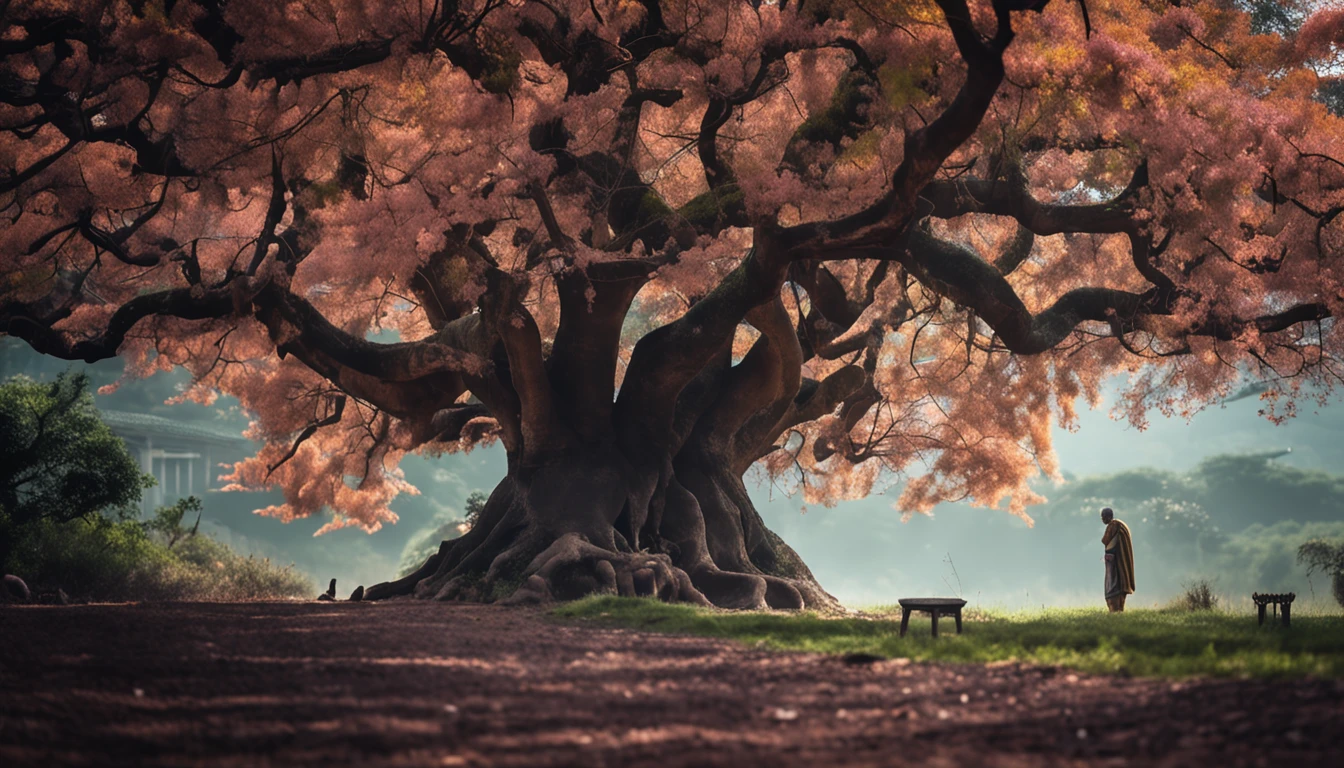 A Buddhist monk in meditation under the shade of an ancient tree in a quiet garden, rosto de perfil, foto mais proxima , foto maior do monge, roupa azul acinzentado