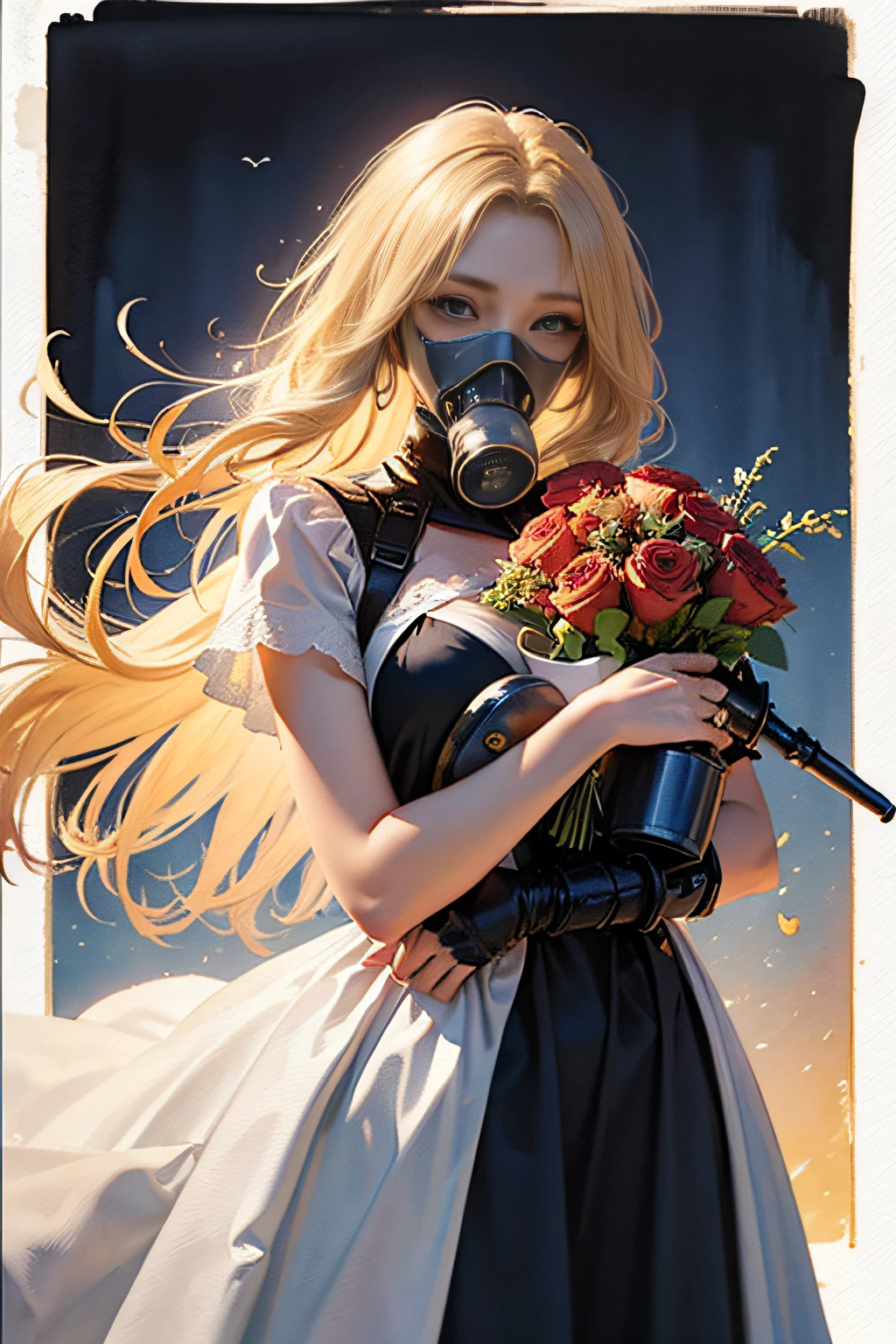 ​masterpiece、top-quality、top-quality、((watercolor paiting))、((Blonde girl in eye mask hugging in gorgeous dress with gas mask))、The royal family studded with roses、Vivid、ighly detailed、highestdetailed