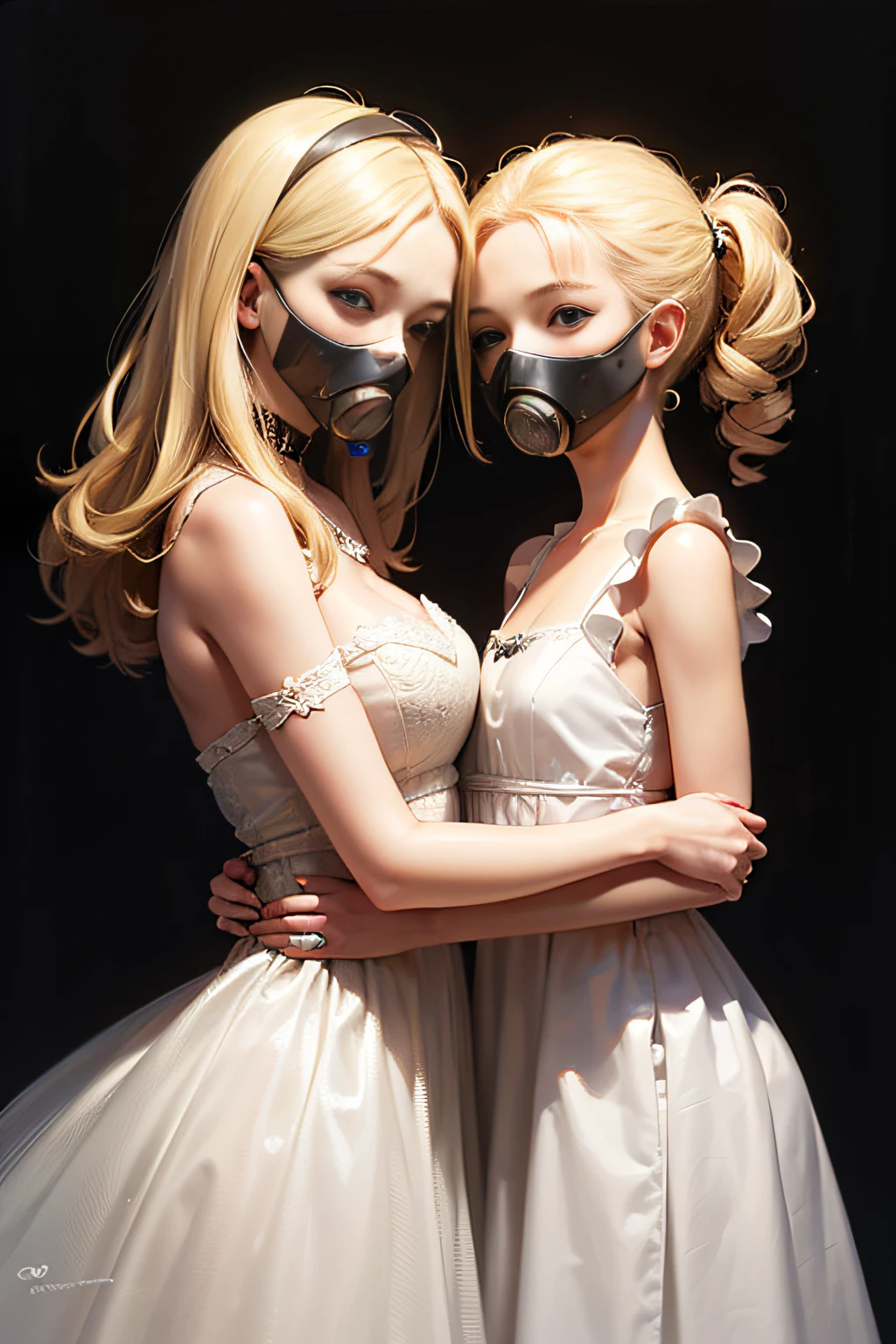 masterpiece、top-quality、top-quality、(watercolor paiting)、((Two blonde girls in gas masks and gorgeous dresses with eye masks hugging each other))、The royal family studded with roses、Vivid、ighly detailed、highestdetailed