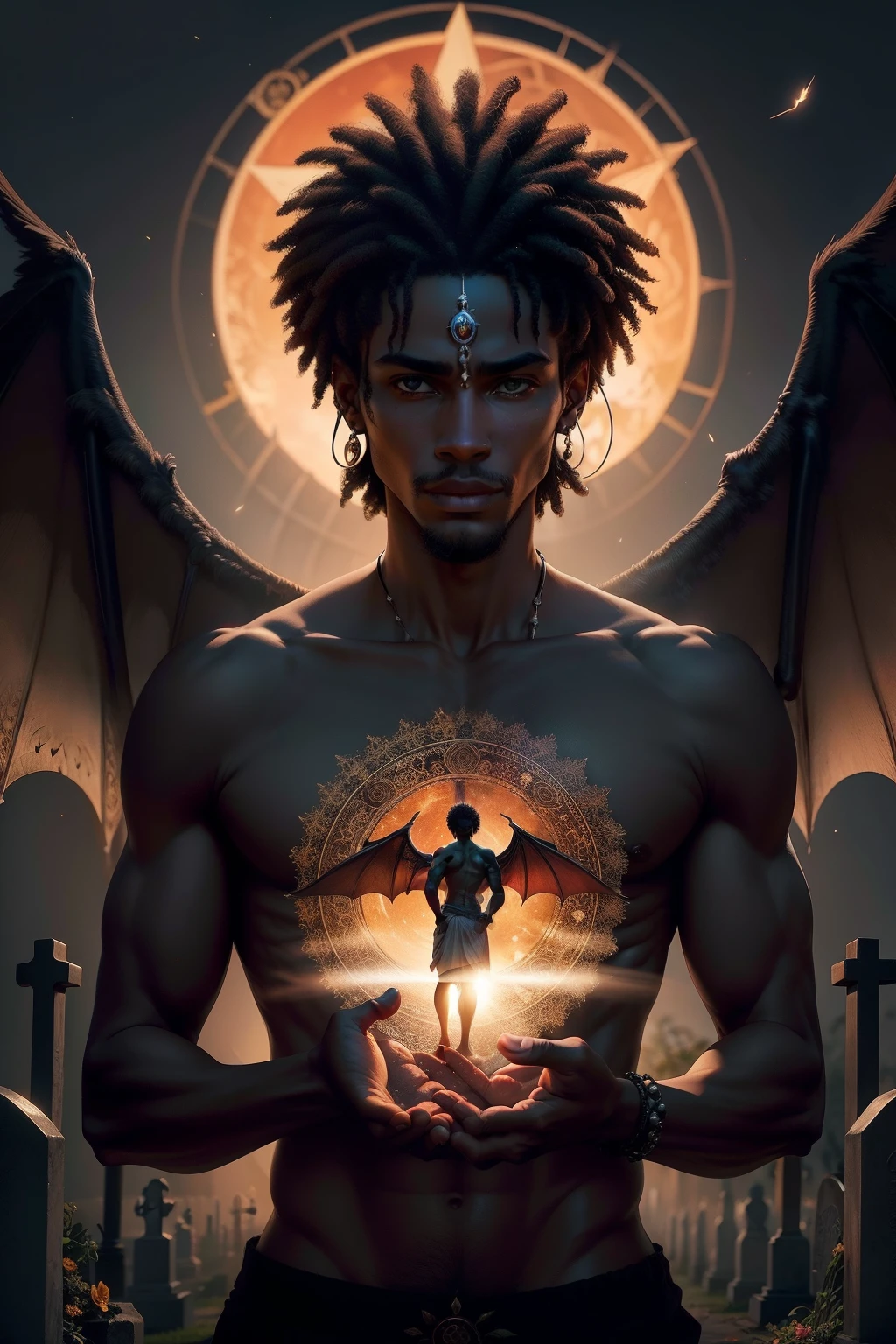 "Por favor, crie uma imagem que representa uma entidade espiritual Exu Morcego, present in Afro-Brazilian traditions. Na imagem, I would like to see a man with bat wings in front of a cemetery. Ao fundo escuro, dark, symbolizing the connection between the spiritual world and the earth. I would also like to see some energetic symbol that represents a portal between these two worlds, adding a magic touch to the image. The image should be rich in detail and convey the duality between darkness and light, destacando a natureza misterioso e protetor do Exu Morcego