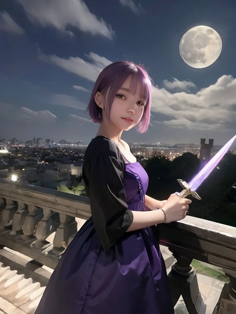 8K、detaileds、A detailed face、 girl、short in stature、Young Face、Inappropriate smile、purple color hair、Dress style clothes、Holding a dagger in your hand、Castles、a dark night、Moonlight shines、2.5 dimensions、Anime style