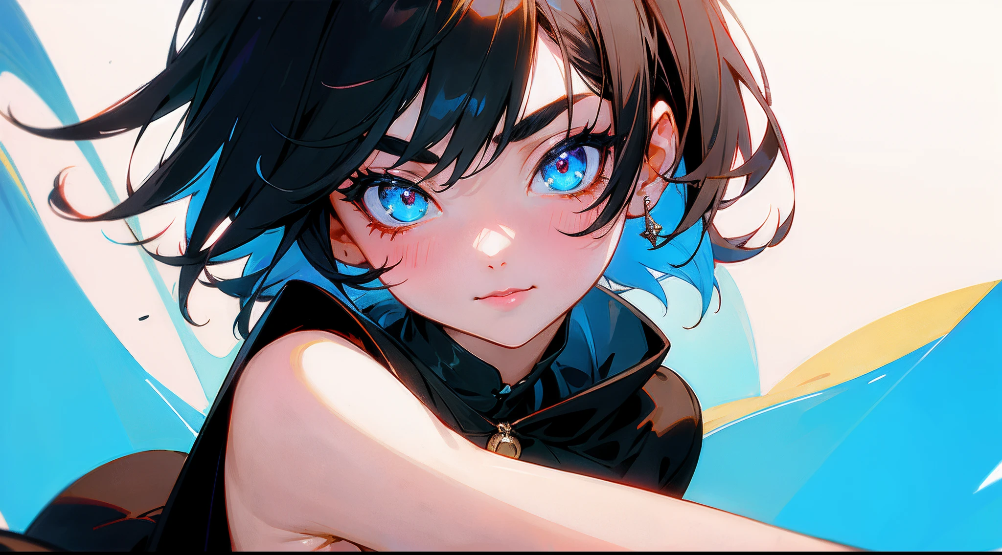 Original Characters、Wide angle shot、Volume Lighting、Best Shadows、Shallow depth of field、Portrait of an amazingly beautiful girl、Delicate beautiful attractive face with petite and seductive eyes、Wearing a black hood、nffsw、Excite the club crowd、Sharp Eyebrows、Black Hair Shortcut Hair、Blush Eyeshadow、Shining eyes、Dark eyelashes、Slim waist、(top-quality、Superb Detail:1.25)、(独奏:1.3)、Brilliant Colorful Paintings