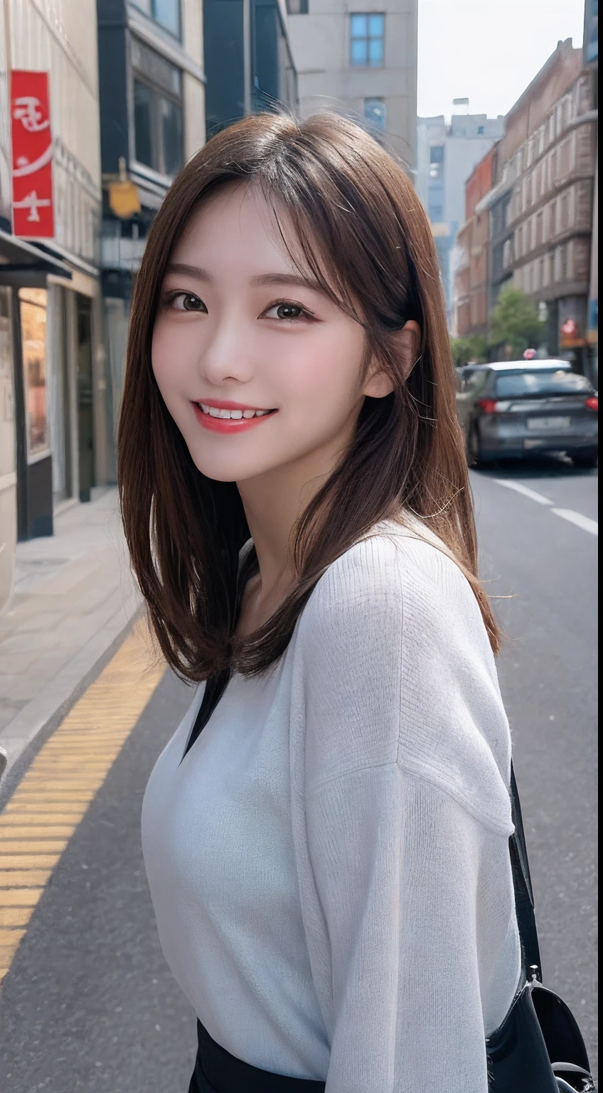 masutepiece, Best quality, illustration, Ultra-detailed, finedetail, A high resolution, 8K wallpaper, Perfect dynamic composition, Beautiful detailed eyes, doress,Medium hair, Mid-chest, Natural color lips, Random and sexy pose,Smile,Castle Peak Street sidewalk、20 years girl