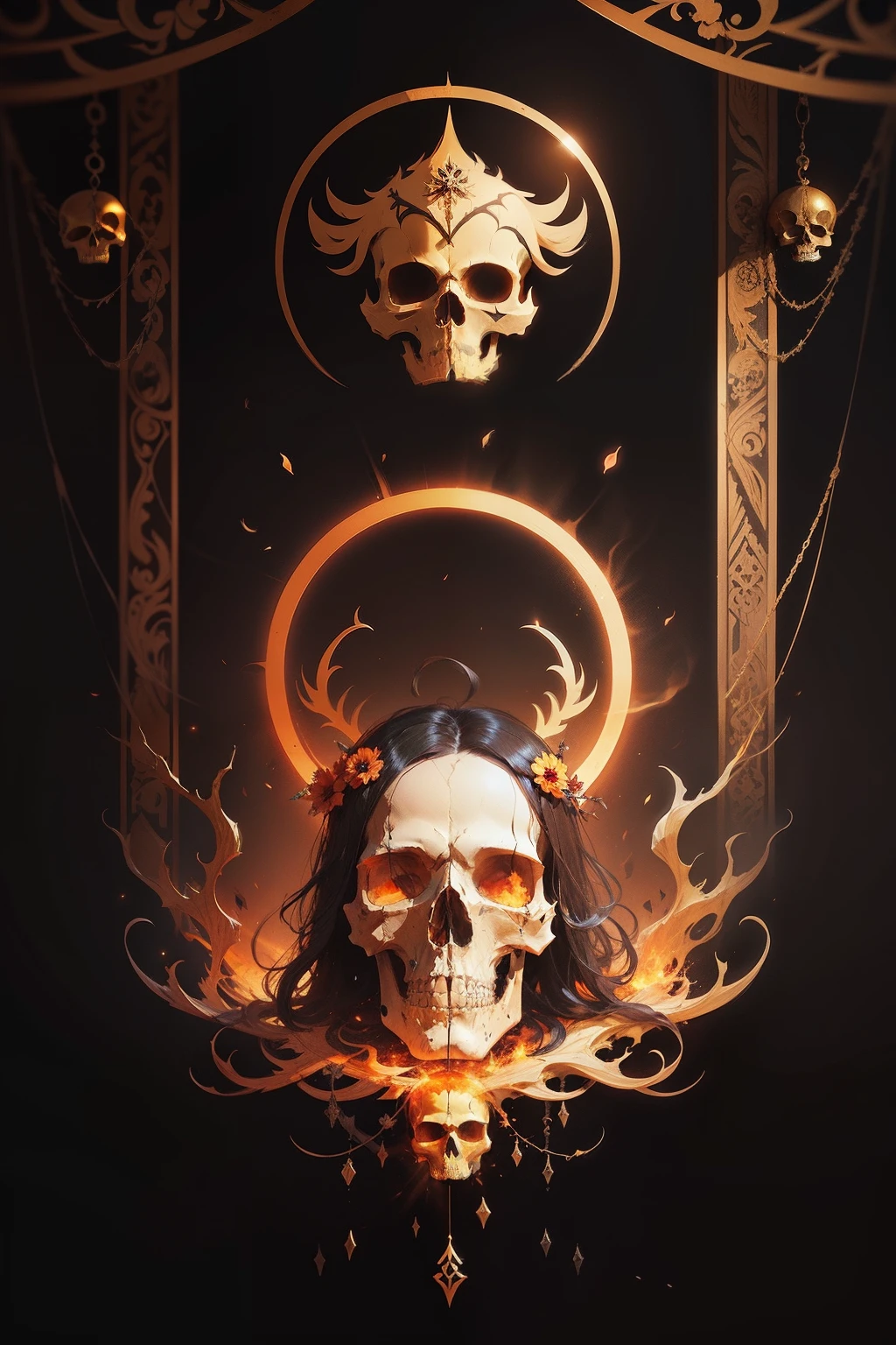 floating dark skull surrounded by a golden thorn halo, on a burnt orange background, no body, symmetrical, banner, remove hair