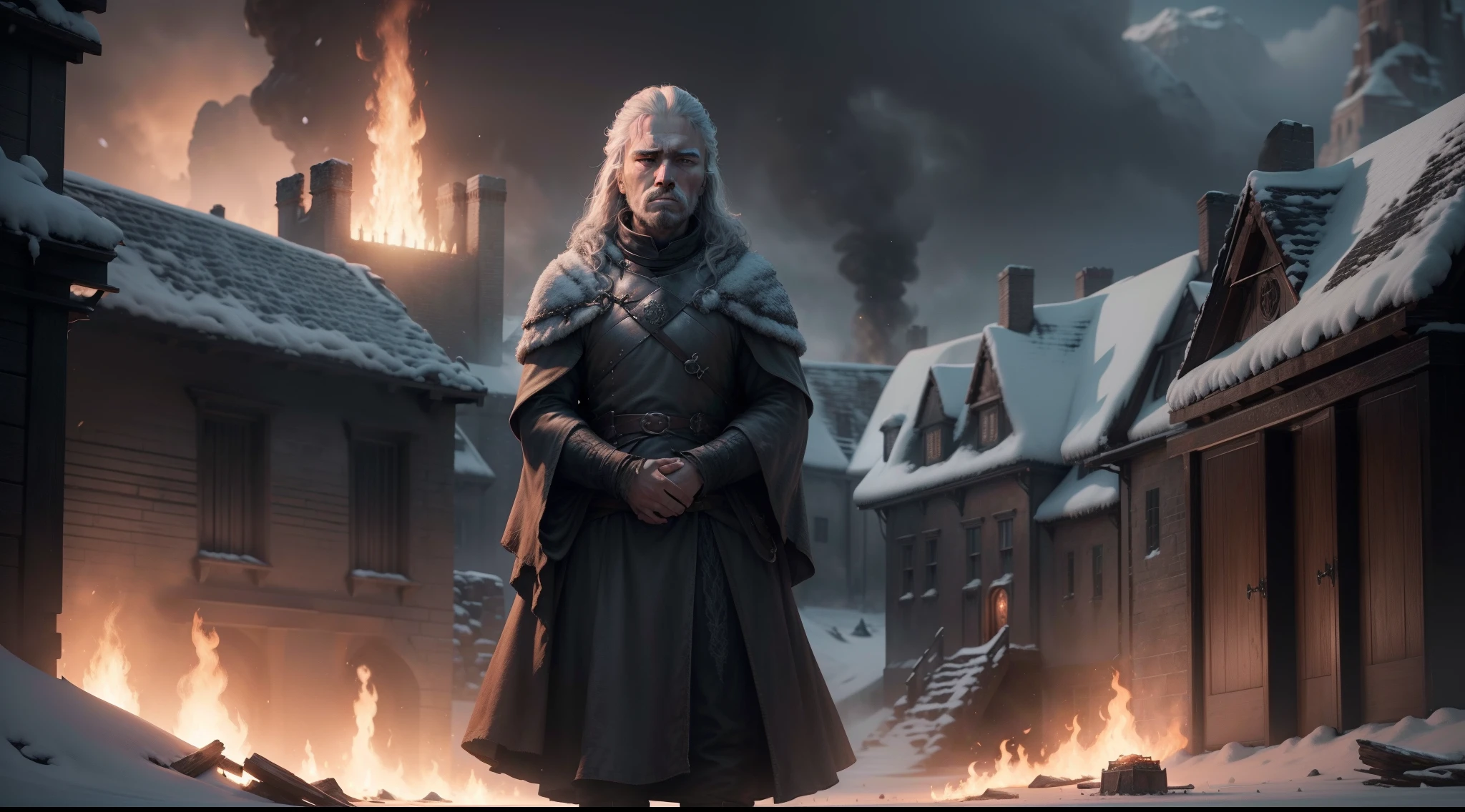 (extremely detailed CG unity 8k wallpaper), full shot photo of the most beautiful artwork background illustration ,game of thrones, no person, kings landing burning, winter is coming,