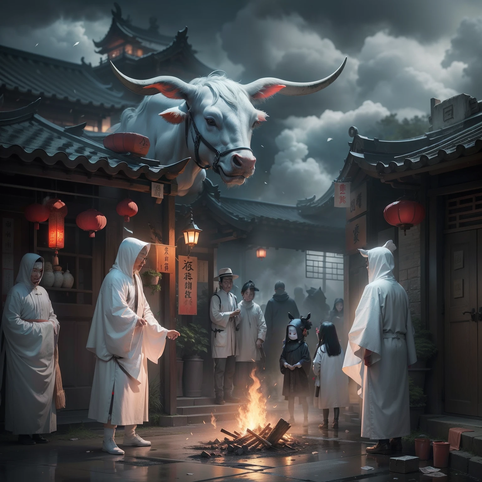 (midynight),The sky is cloudy,Festivals from China,A Chinese-style door opens,There are many terrifying creatures coming out of it,Jizo sat behind him,There is a group of people,They are the head of the cow, the body of the man,Horse face human body,There is a group of ghosts in the distance,Wandering the streets in white《ultra-realistic realism》wide wide shot,Families,There are items burning at the door。There were paper money scattered on both sides of the crossing