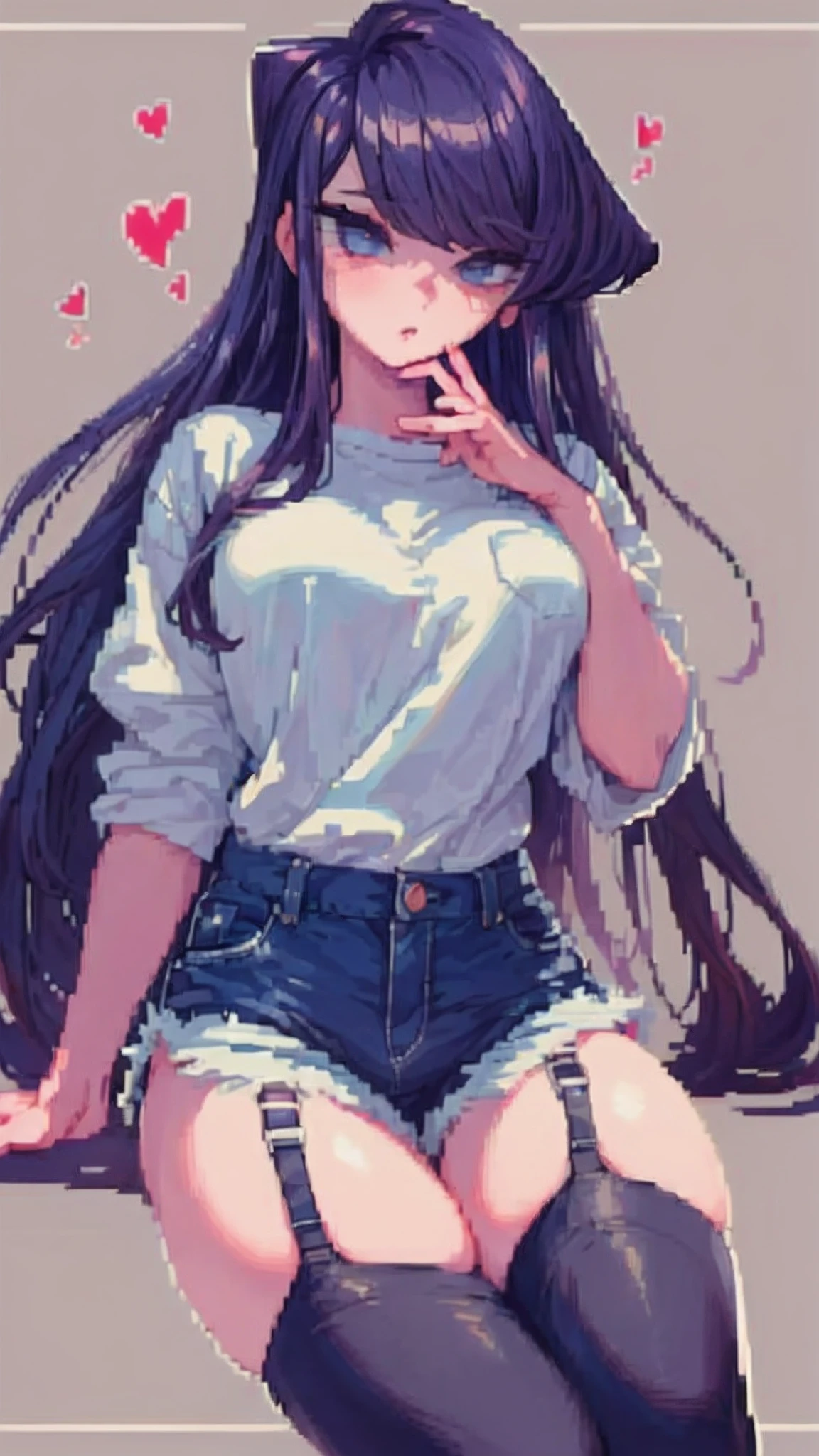 komi shouko,pixal style ,(A white border around a dark red rectangular background:2.5),The shirt,D-cups,Ultra shorts,black lence stockings,High detail,Moles under eyes, Heart-shaped pupils,Love pupils,Fleshy thighs,highly rendered,detailed face with