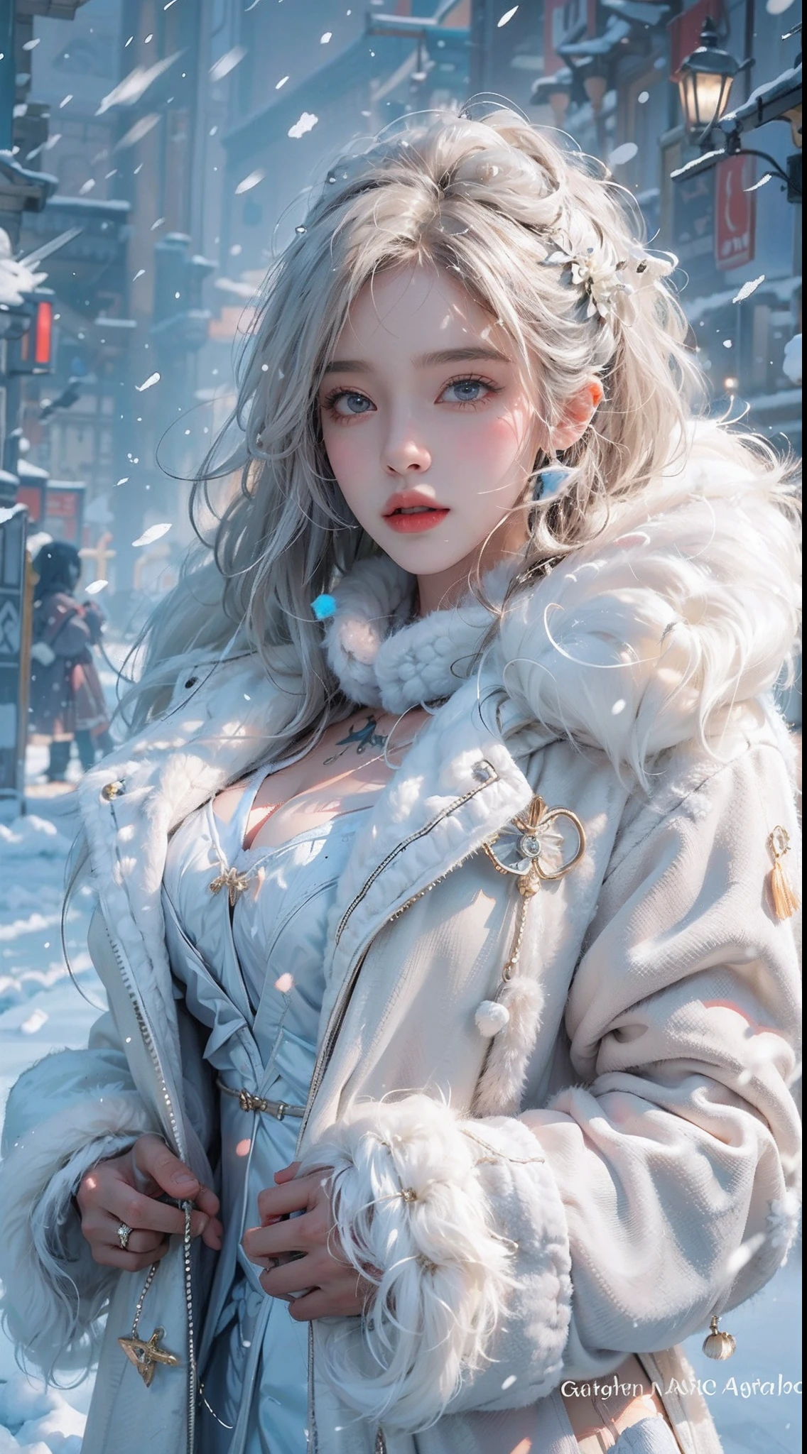 photorealistic, high resolution, soft light,1women, solo, hips up, shining skin, (detailed face), tattoo, White plush coat, fur coat，(Bright Lolita costume)，(short  skirt)，（Heavy snow：1.5，snow cover, blode hair