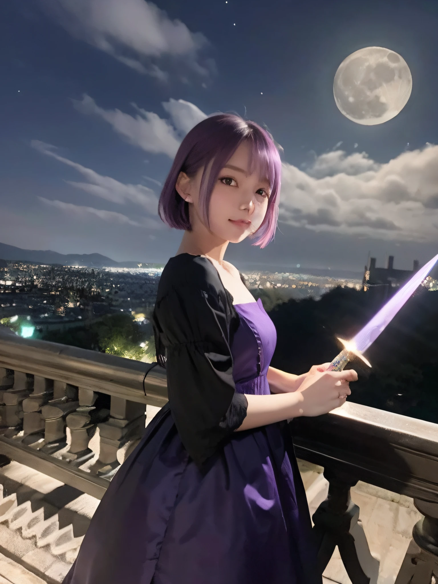 8K、detaileds、A detailed face、14 years old girl、short in stature、Young Face、Inappropriate smile、purple color  hair、Dress style clothes、Holding a dagger in your hand、Castles、a dark night、Moonlight shines、2.5 dimensions、Anime style