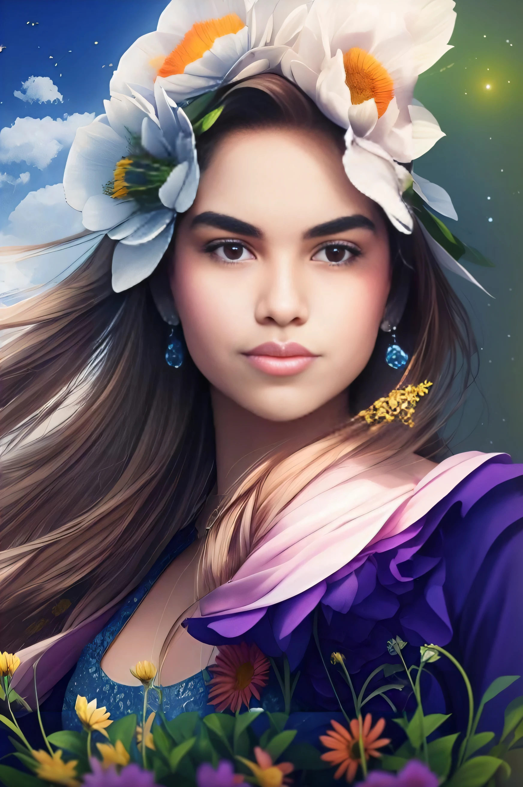 um close up de uma mulher com flores no cabelo, pintura digital fotorrealista, pintura digital bonita, lindo pintura digital, retrato bonito da arte da fantasia, pintura digital realista, arte digital fotorrealista, pintura digital impressionante, bela arte digital, arte digital muito realista, artes digitais fotorrealistas, arte digital realista, arte digital. foto realista, arte digital altamente realista