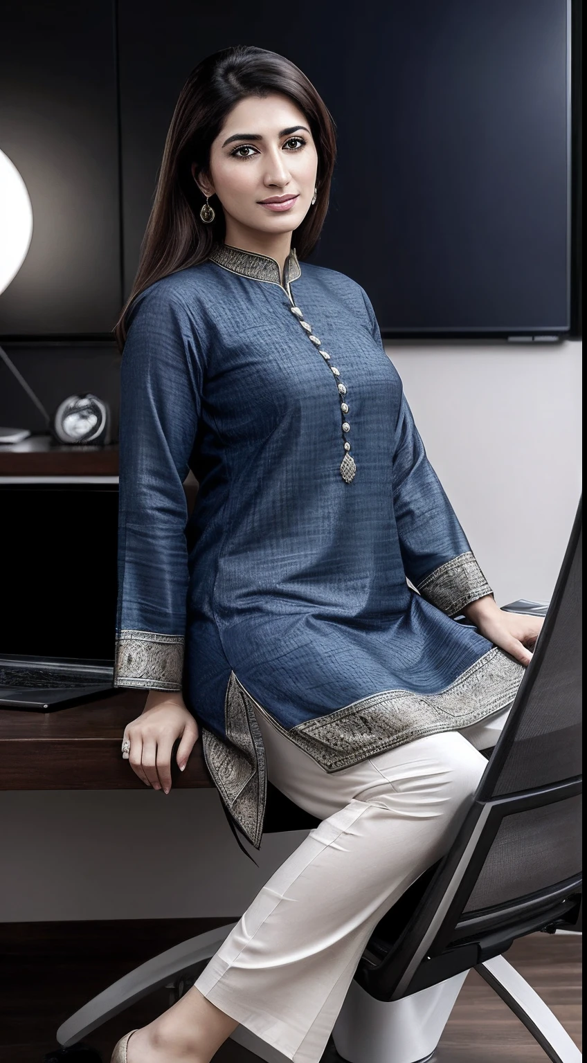 A woman wearing Maria b kurta and shalwar in office sitting infron of laptop. posing for a picture , Turkish ,. detailed expression, figure, mehwish hayat