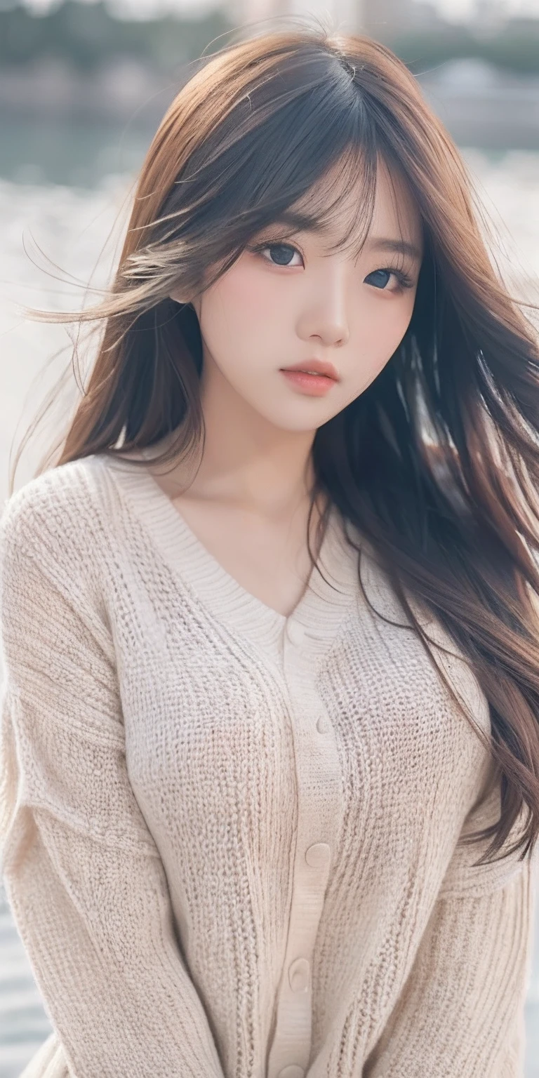 1girl walking on the river, mix4, sweater, pillow, lips, open_mouth, realistic, photo_\(medium\), solo, stuffed_animal, stuffed_toy, teddy_bear, (masterpiece), (realism: 1.3), super detailed, (High detail skin: 1.2), (Best quality: 1.0), (Ultra resolution: 1.0), (ULZZANG-6500: 0.3), wavy detail hair, long hair, sunshine, (beautiful detail makeup), (sexually aroused blush, heavy breath: 1.0), floral theme petals scattered, (soft light bloom: 0.5)