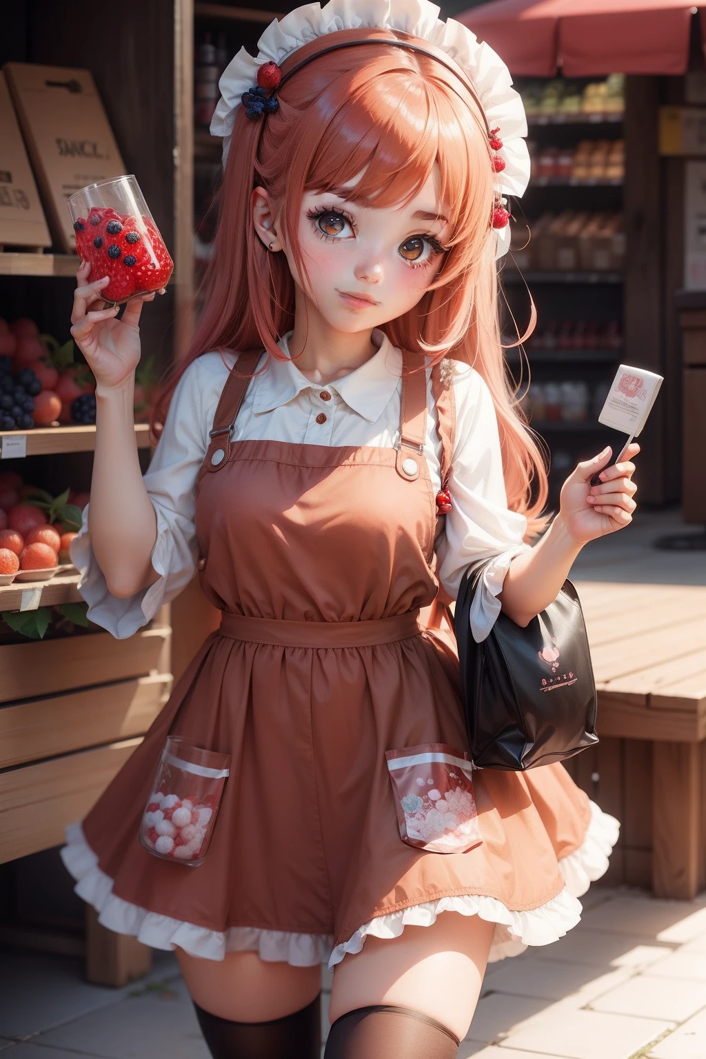 anime girl holding berries in her hand, juice label style