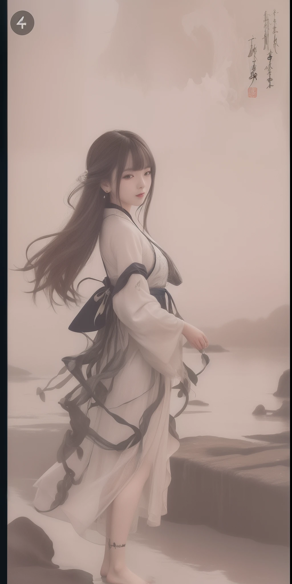 ((4k,masterpiece,best quality)), shuimobysim, traditional chinese ink painting, lotus,  hanfu, maxiskit, dress conservatively
1girl, solo, long blue hair, smile, standing, feet in the water, barefoot,