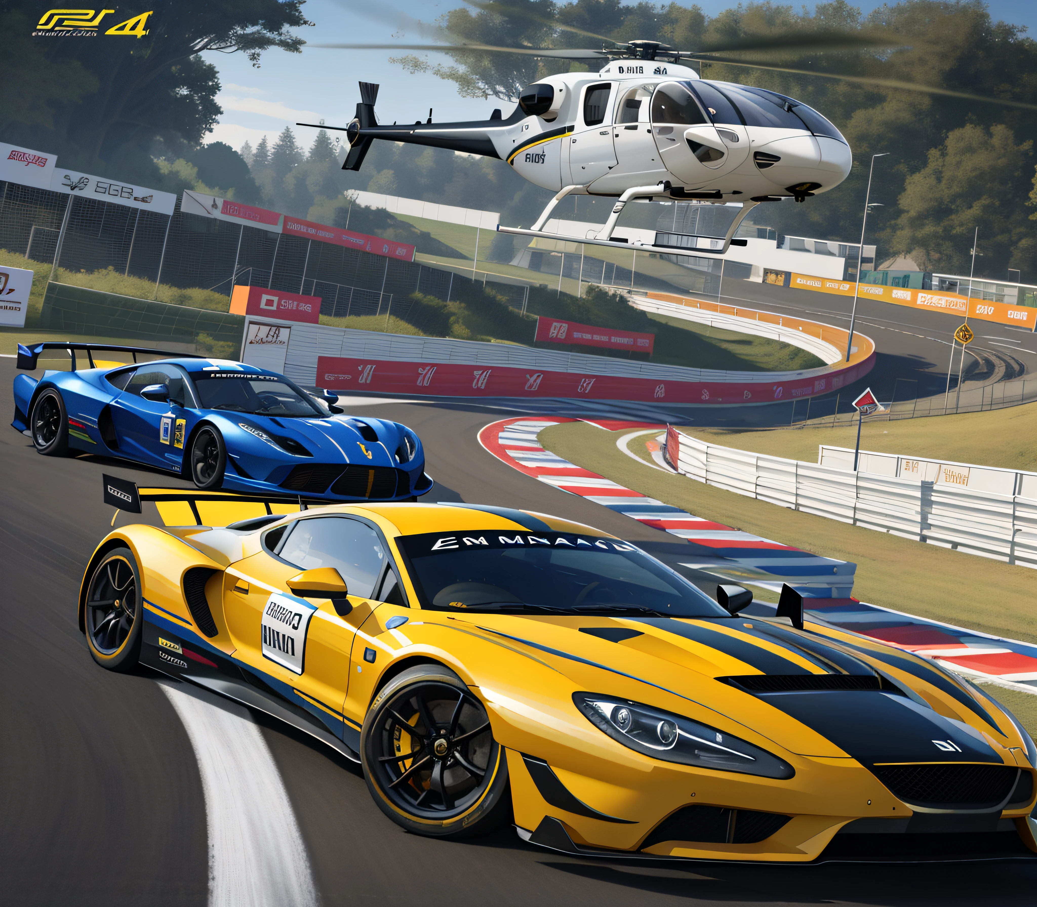 Big track，Many cars are chasing，Contest，The Alafede yellow sports car drives on the track，In the background is a helicopter, CG art, Game CG, ethnicity, powers, pc screenshot, new ai race, 3840 x 2160, 3840 x 2160, massive vertical grand prix race, game screenshot, hq 4k phone wallpaper, inspiring, official screenshot，surrealism, Chiaroscuro, hyper HD, Masterpiece, ccurate, A high resolution, Award-Awarded, Best quality, 8K，dutch angle, panorama, cinematic lighting