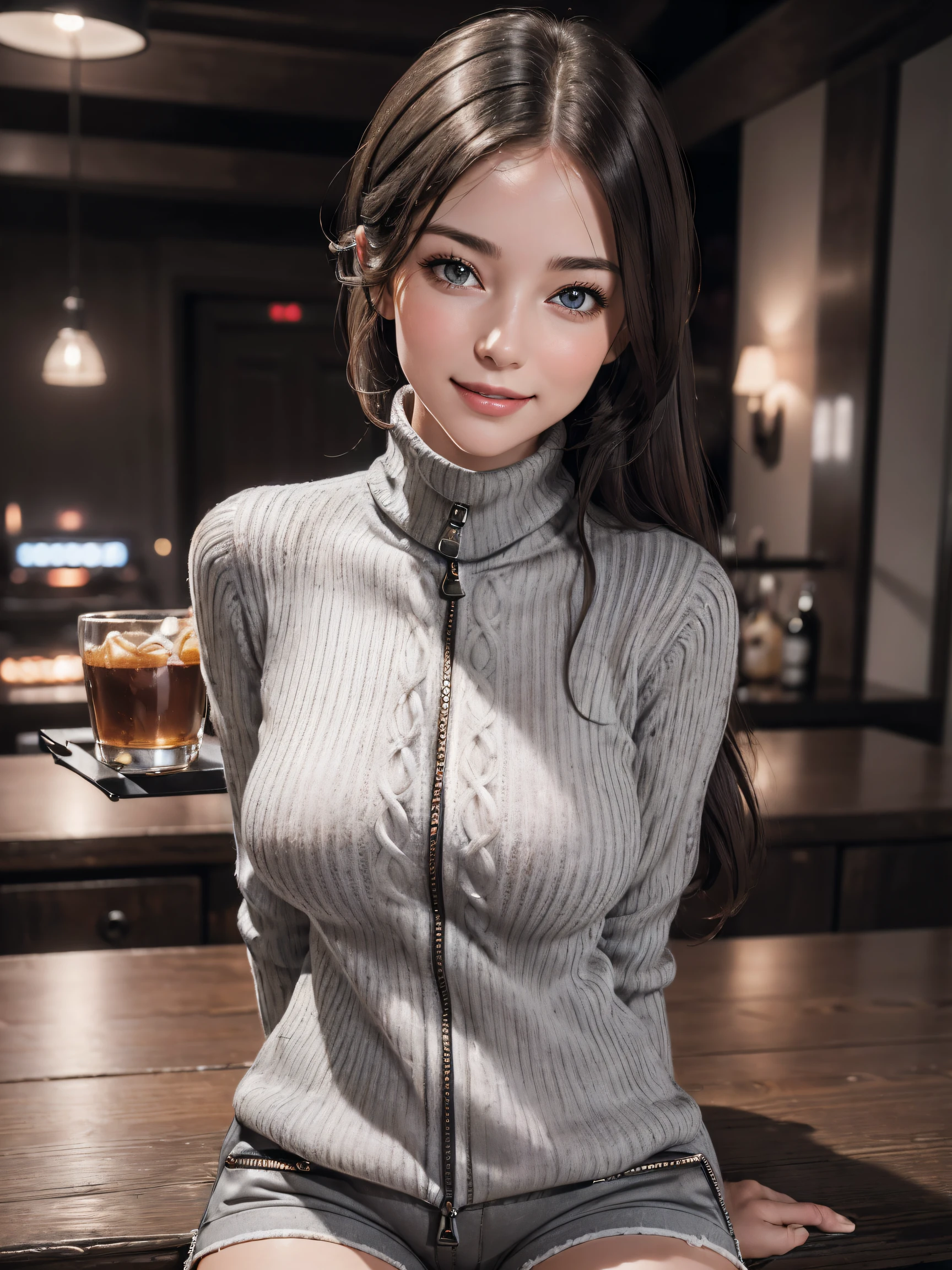 (1girl:1.3, solo), (((night situation:1.5))), (Masterpiece, best quality, photorealistic, highres, photography, :1.3), ultra-detailed, sharp focus, professional photo, commercial photo, (upper body:1.3, bust-up portrait), (starring the viewer:1.3) BREAK, 1 brunette girl, solo, European girl, hot model, highly detailed eyes and pupils, realistic skin, (attractive body, large breast:1.25, thin waist:1.15), thin half-up hair, single hair, extremely detailed hair, delicate sexy face, sensual gaze, shiny lips, BREAK, (wearing a light-grey zip-up turtleneck sweater:1.3), (shorts:1.3), BREAK, (indoor, antique house:1.25, at rouge:1.25, gorgeous antique house, blurry background:1.25, simple background, dark room:1.2, in the dark, low key), (attractive posing), ((realistic, super realistic, realism, realistic detail)), perfect anatomy, perfect proportion, bokeh, depth of field, hyper sharp image, (attractive emotion, seductive smile:1.2, happy:1.2, blush:1.2, :d:1.2, :p:1.2), 4fingers and thumb, perfect human hands, (professional studio soft light, cinematic light, bar light, rim lighting, low key, in the dark),