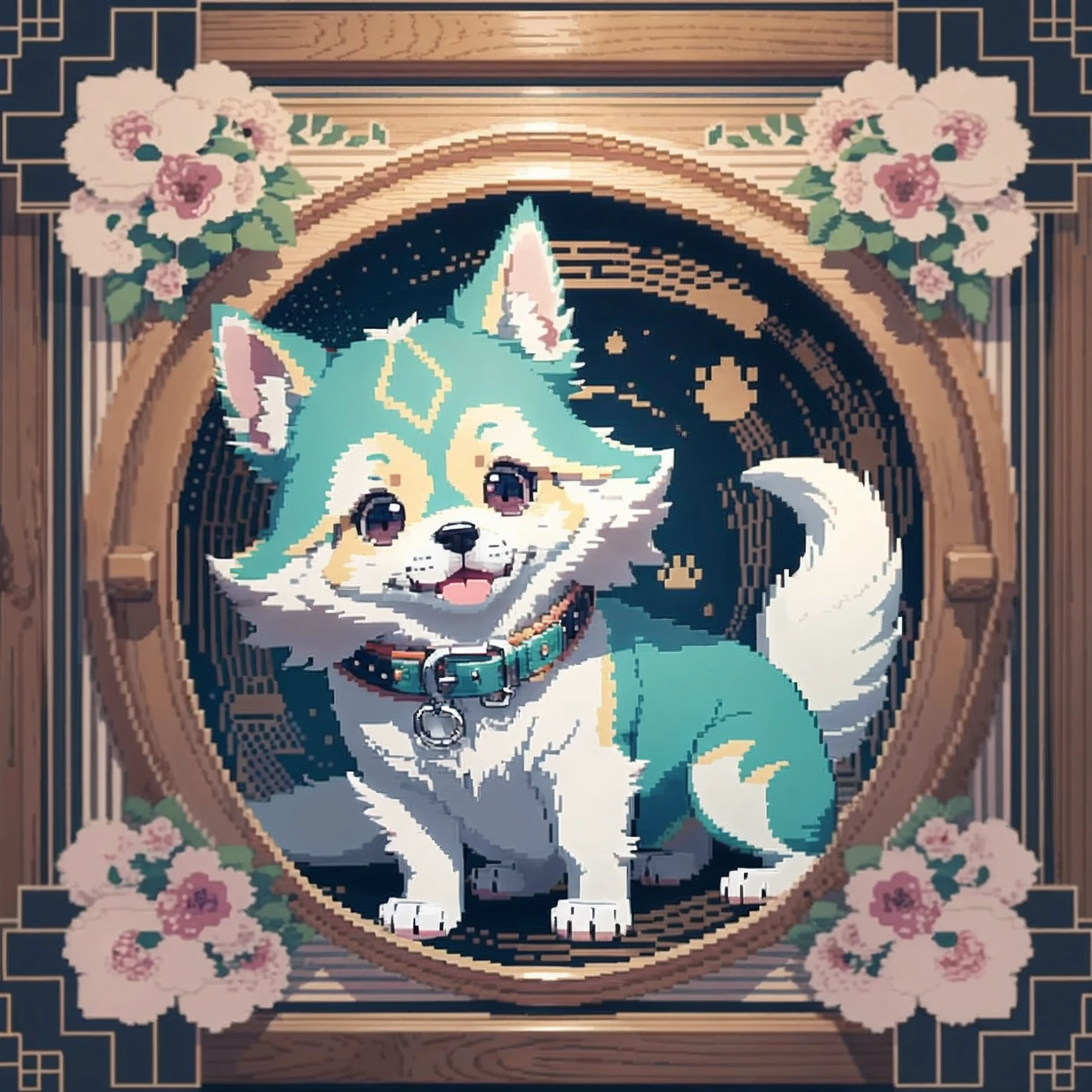 Qualidade Superior, best quality, High-quality illustrations, master part, super high resolution, mother2 mapa(angelic bonito 1girl, Kemono, foco solo)(antro peludo)(corpo peludo, dog facial features, dog body features)(pelo corporal muito detalhado), Pixel Art, Pontos, vista trimestral, isometric vision,