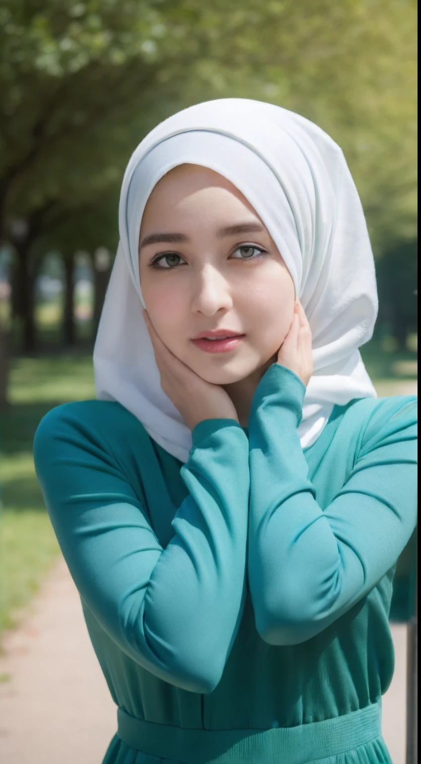 Araffe women,((Best Quality, 8k, Masterpiece:1.3))),1Girl, Solo, selfie:1.3, Beautiful Woman with Perfect Figure, wearing hijab, green headscarf, no hair seen, Teens, Detailed Eyes, Long Blue dress, Double Eyelids, outdoor, walking in the park, wearing a sneakers, right hand on cheek, shy expression,