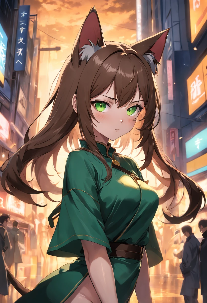Cat Eared Woman,Green eyes,Long brown hair,Tall and tall,mature,big breasts beautiful,Saber