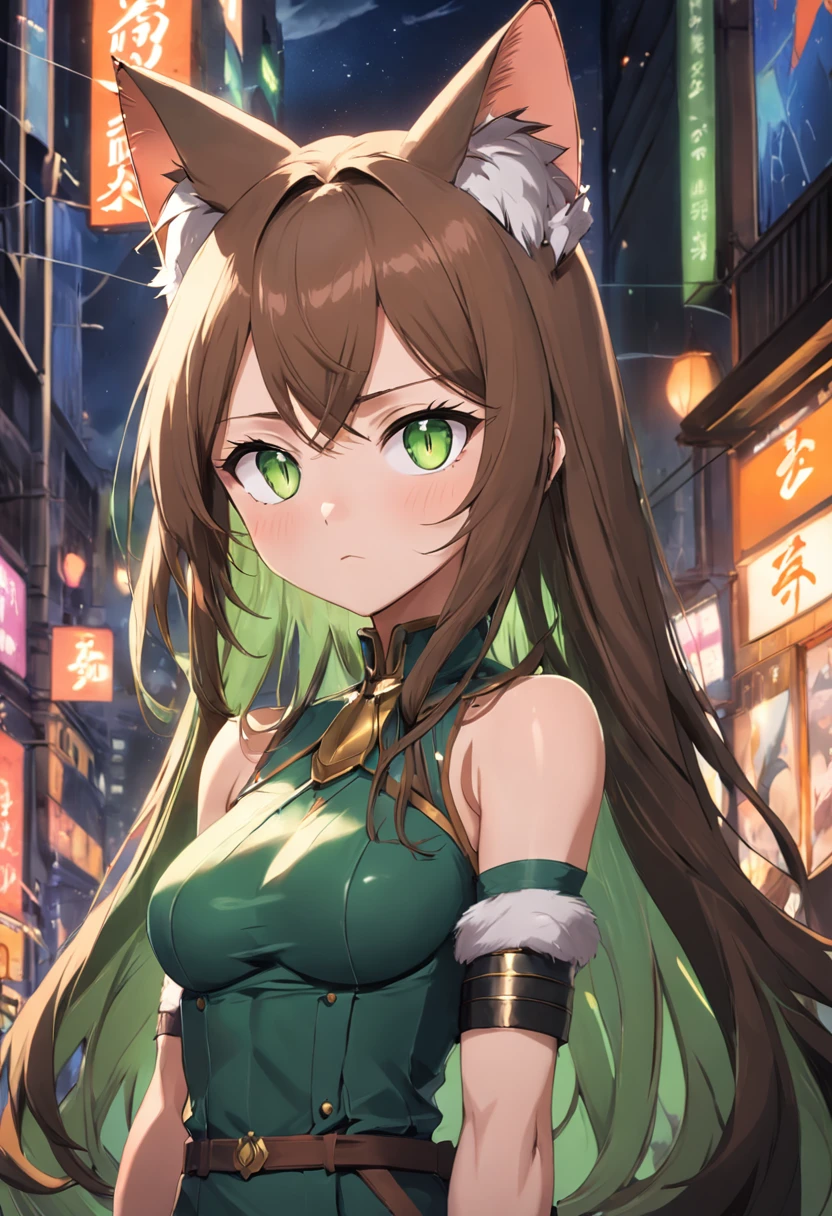 Cat Eared Woman，Green eyes，Long brown hair，Tall and tall，mature，big breasts beautiful，Saber