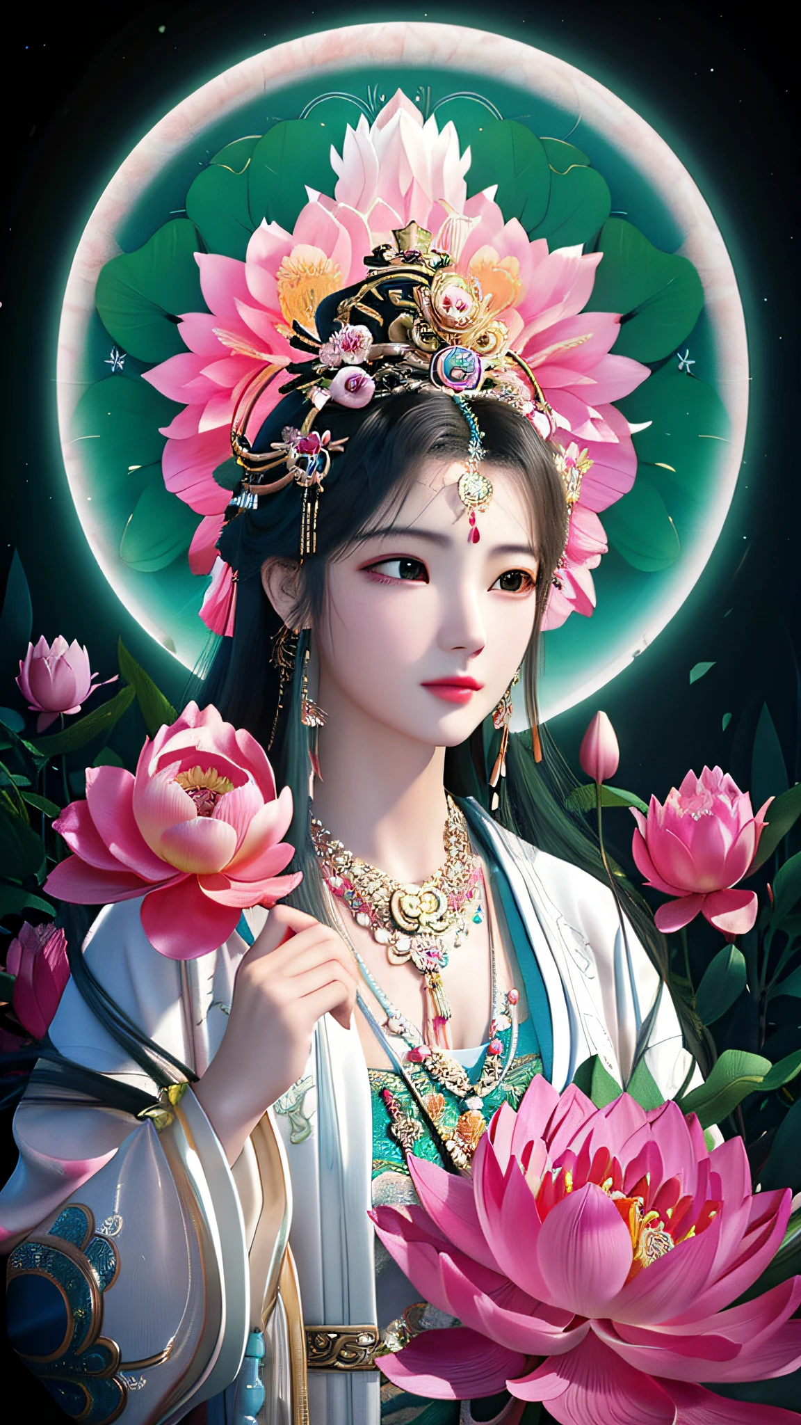 a painting of a woman with a flower in her hand, goddess of love and peace, flower goddess, guanyin, guanyin of the southern seas, ancient chinese goddess, pink lotus queen, beautiful goddess, portrait of a beautiful goddess, ancient chinese beauties, a stunning portrait of a goddess, a beautiful fantasy empress, 3 d goddess portrait, goddess portrait