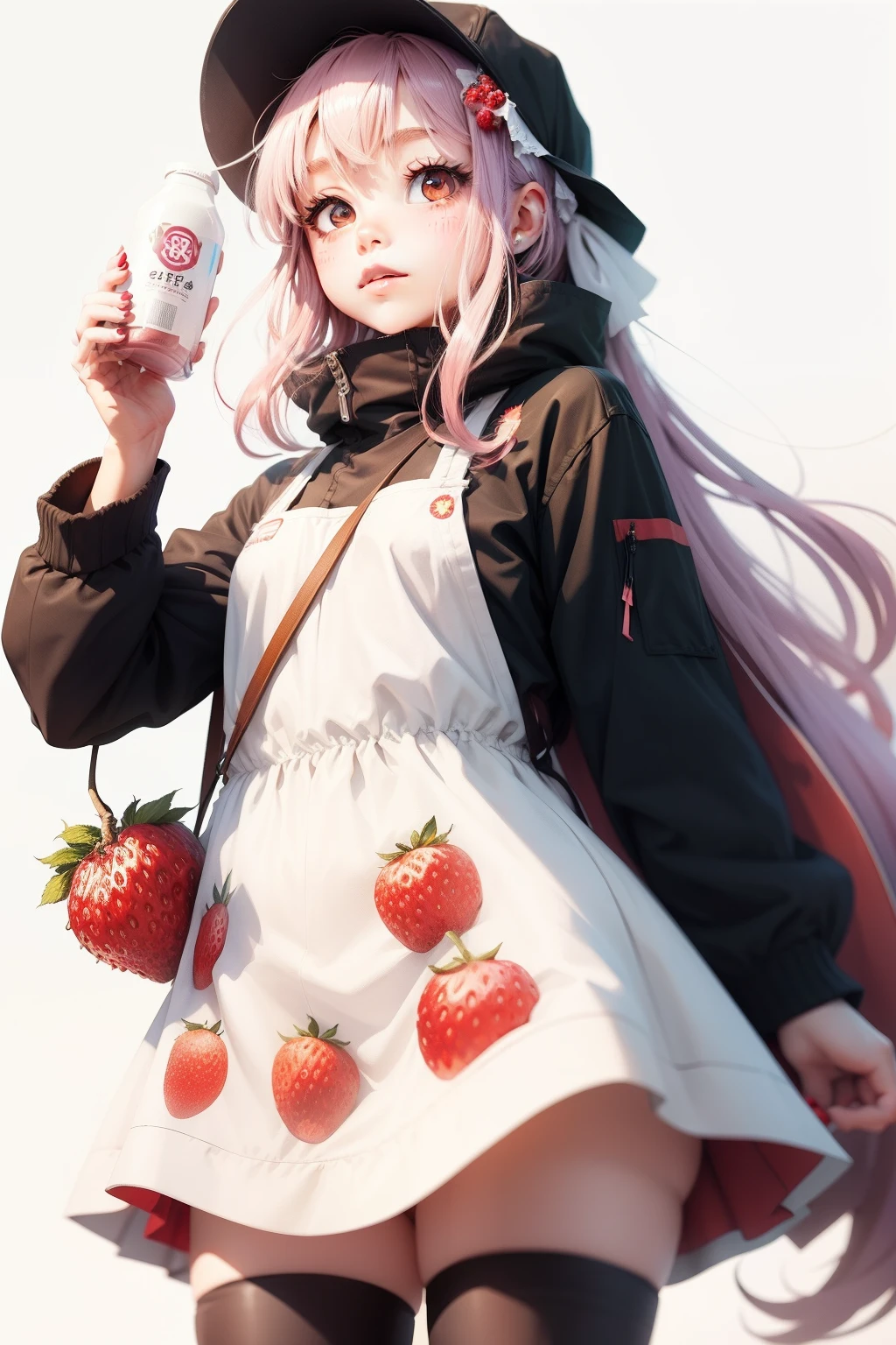 Illustration on a white background ,Anime girl holding berries in her hand, Juice Label Style