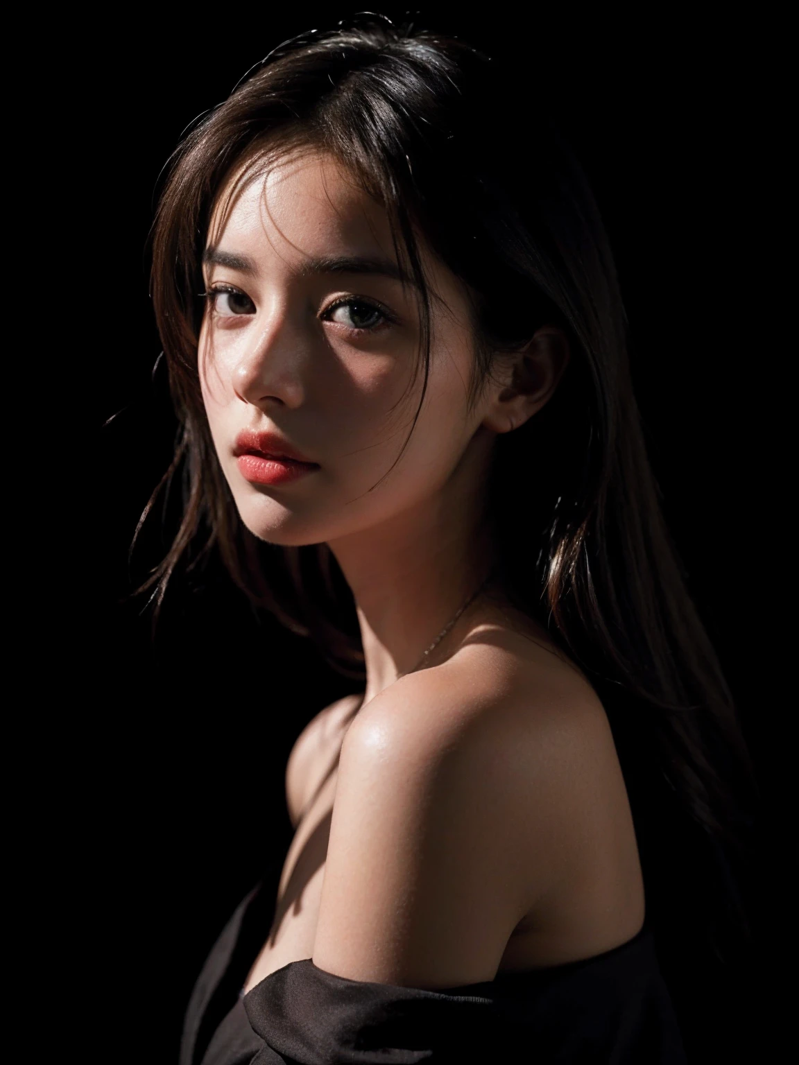 Best quality, masterpiece, ultra high res, (photorealistic:1.4), raw photo, 1girl, offshoulder, deep shadow, low key, cold light, chiaroscuro, dark studio, grey background