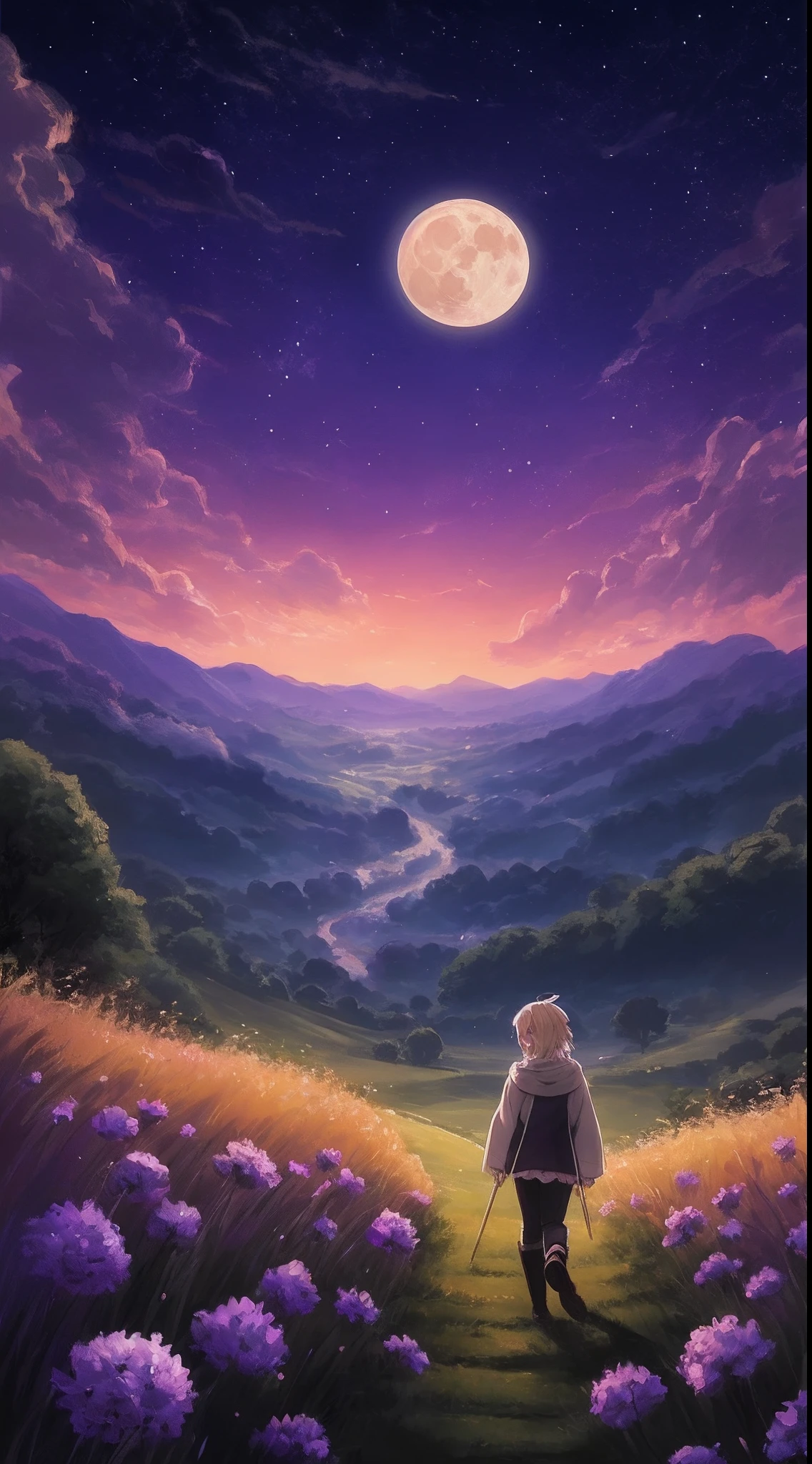 painting of a little blonde walking in a field with a full moon, magical landscape, anime art wallpaper 8 k, amazing wallpaper, anime landscape wallpaper, anime countryside landscape, 4k highly detailed digital art, beautiful art uhd 4 k, background artwork, anime art wallpaper 4k, anime art wallpaper 4 k, calm night. digital illustration, 4k detailed digital art