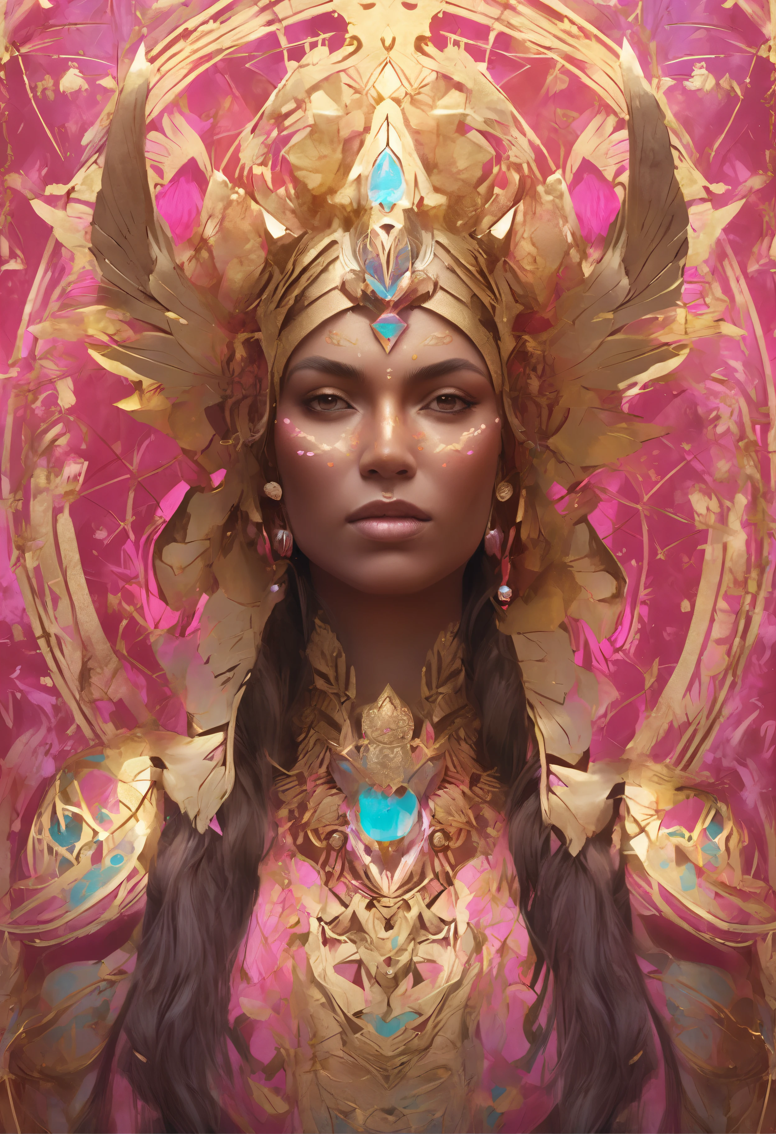(chromaV5:1.2) (symmetry:1.1) (portrait of floral:1.05) a woman as a beautiful goddess, (assassins creed style:0.8), pink and gold and opal color scheme, beautiful intricate filegrid facepaint, intricate, elegant, highly detailed, digital painting, artstation, concept art, smooth, sharp focus, illustration, art by greg rutkowski and alphonse mucha, 8k
