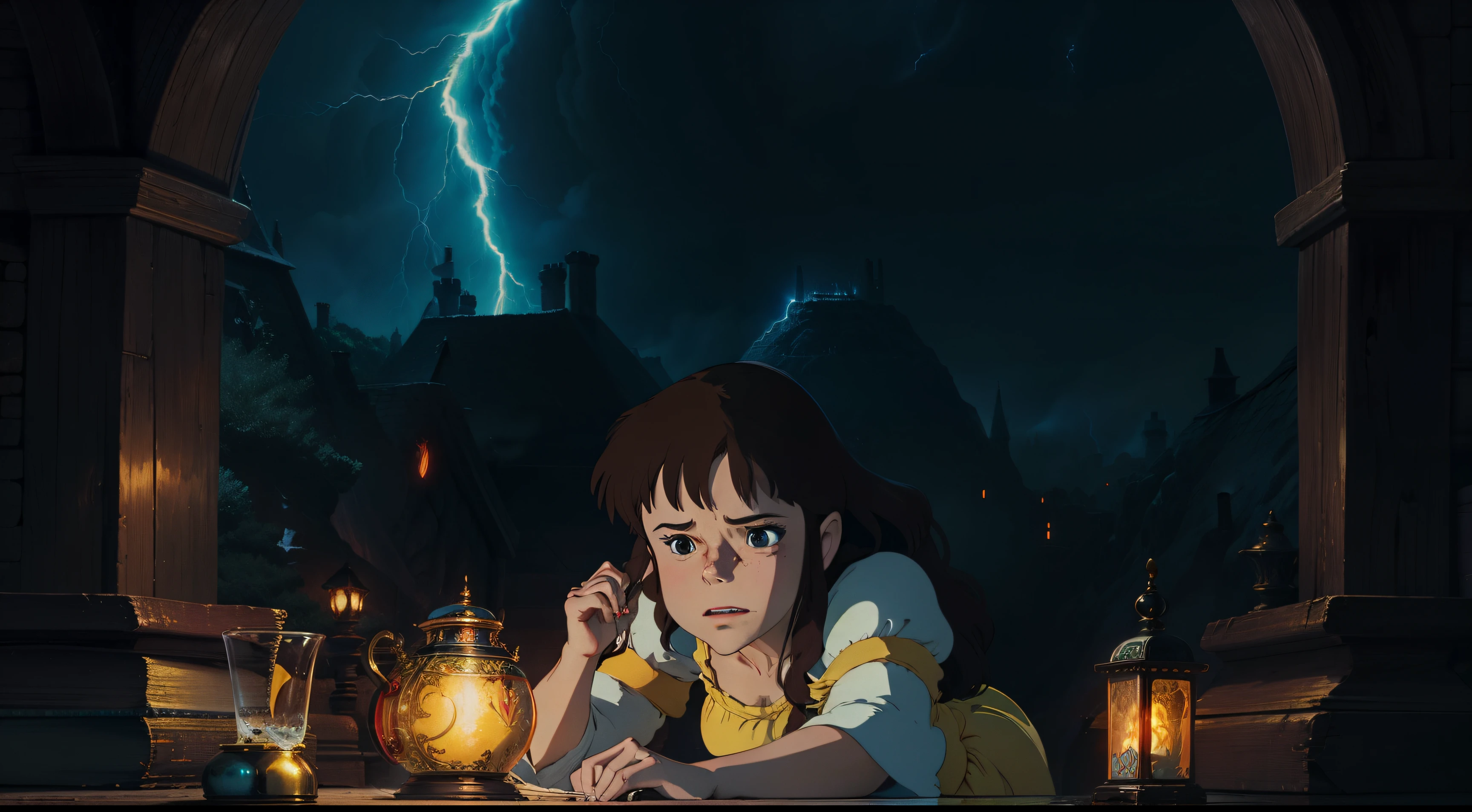 (Princess, belle, ghibli style, 8K) belle, beauty and the beast, breathtaking, beautiful, brave, Disney, Dramatic, hayao miyazaki, studio ghibli, anime, dark Lightning, dark enviorenment,