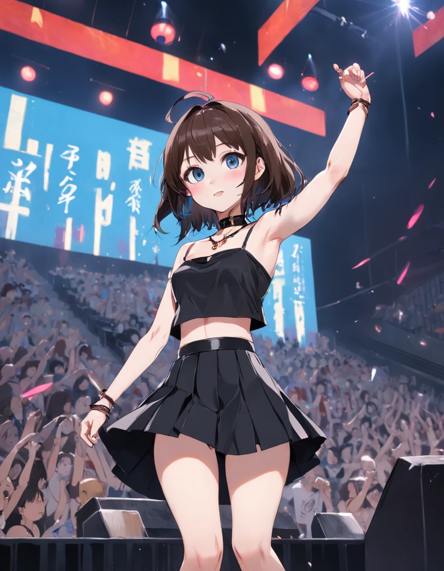 (tmasterpiece:1.2), (Pale skin:1.2), (8K:1.2), (Tik:1.2), (femele:1.1), (emphasis lines:1.3), brunette color hair, eBlue eyes, Mini good, bare shoulders, bangle, bangle, mitts, (鎖骨:1.1), a skirt, Muslo Saltos, (interiors:1.3), choker necklace, (Punk rock:1.2), (be on stage:1.1), They are smiling, (carry out:1.2)