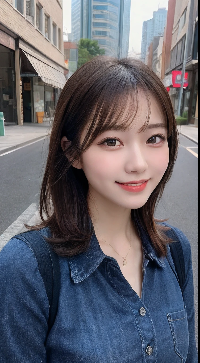 masutepiece, Best quality, illustration, Ultra-detailed, finedetail, A high resolution, 8K wallpaper, Perfect dynamic composition, Beautiful detailed eyes, doress,Medium hair, Mid-chest, Natural color lips, Random and sexy pose,Smile,Castle Peak Street sidewalk、20 years girl
